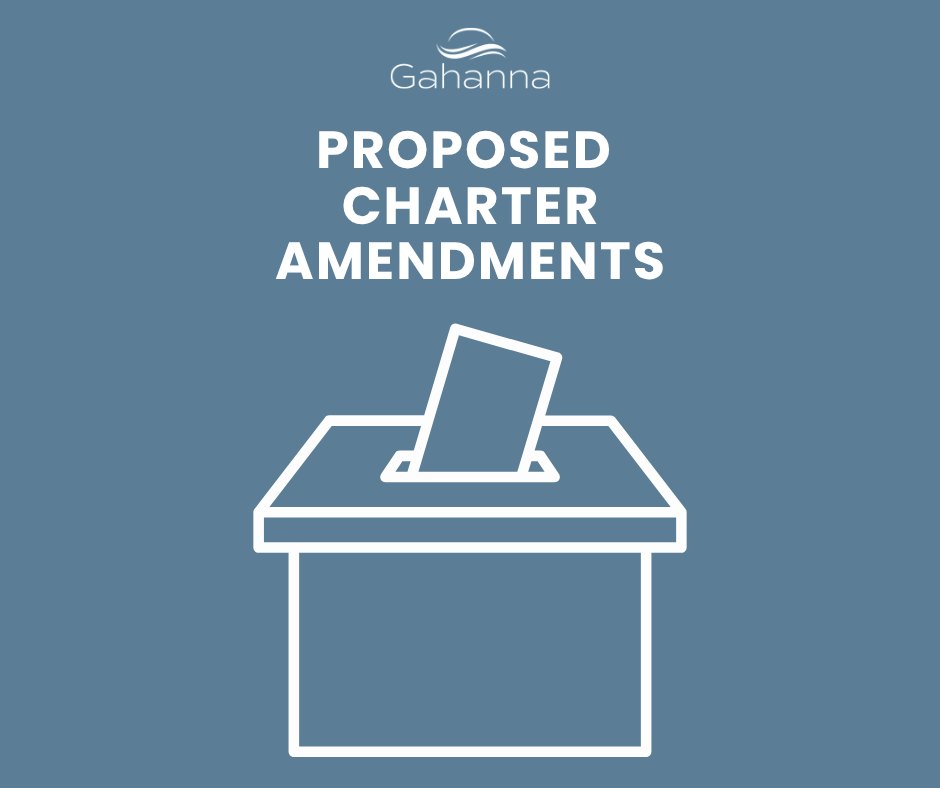Blue graphic with city logo and text reading Proposed Charter Amendments above a ballot box illustration.