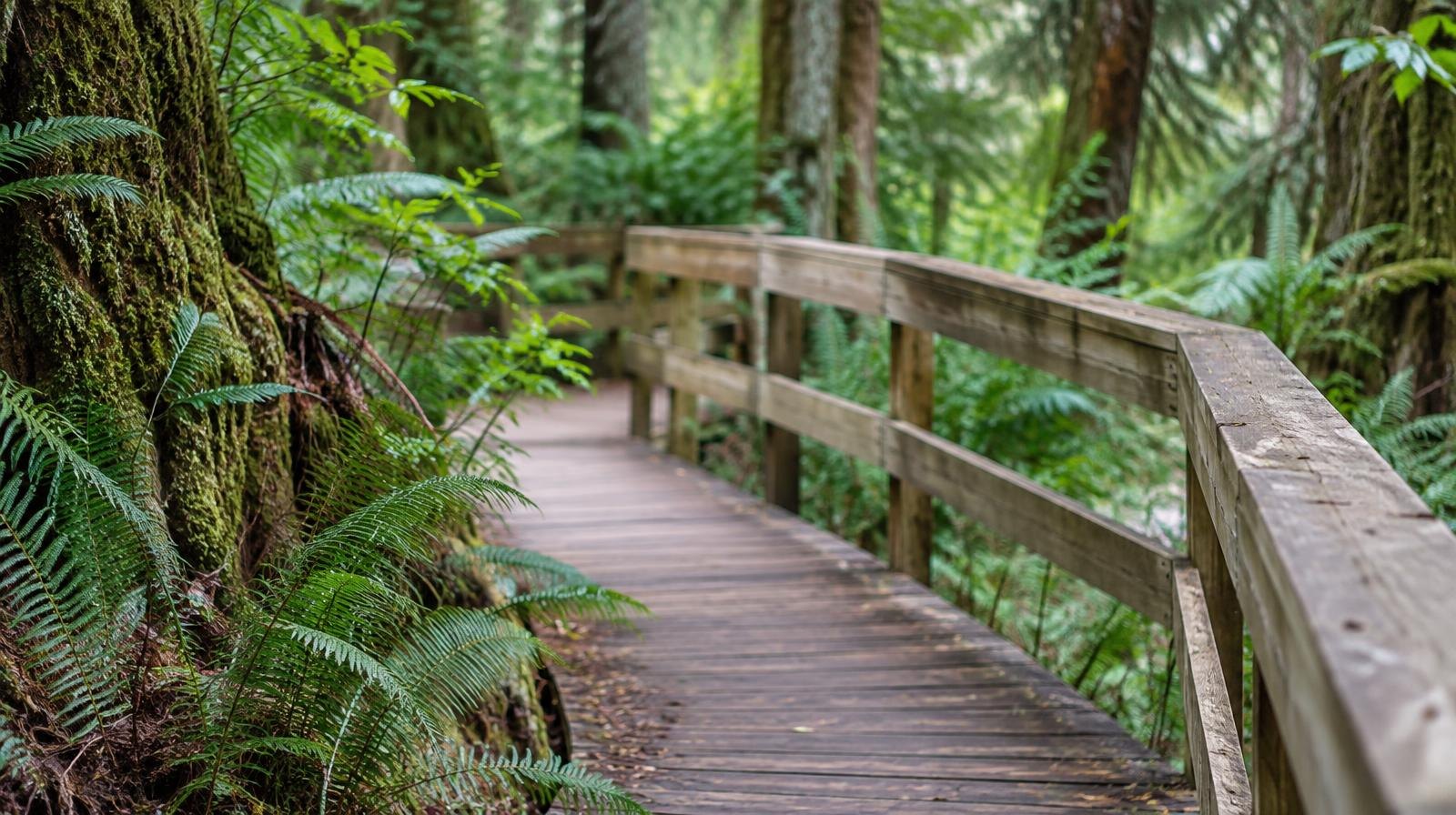 A cedar-plank boardwalk with a wooden railing curves through a lush green forest.