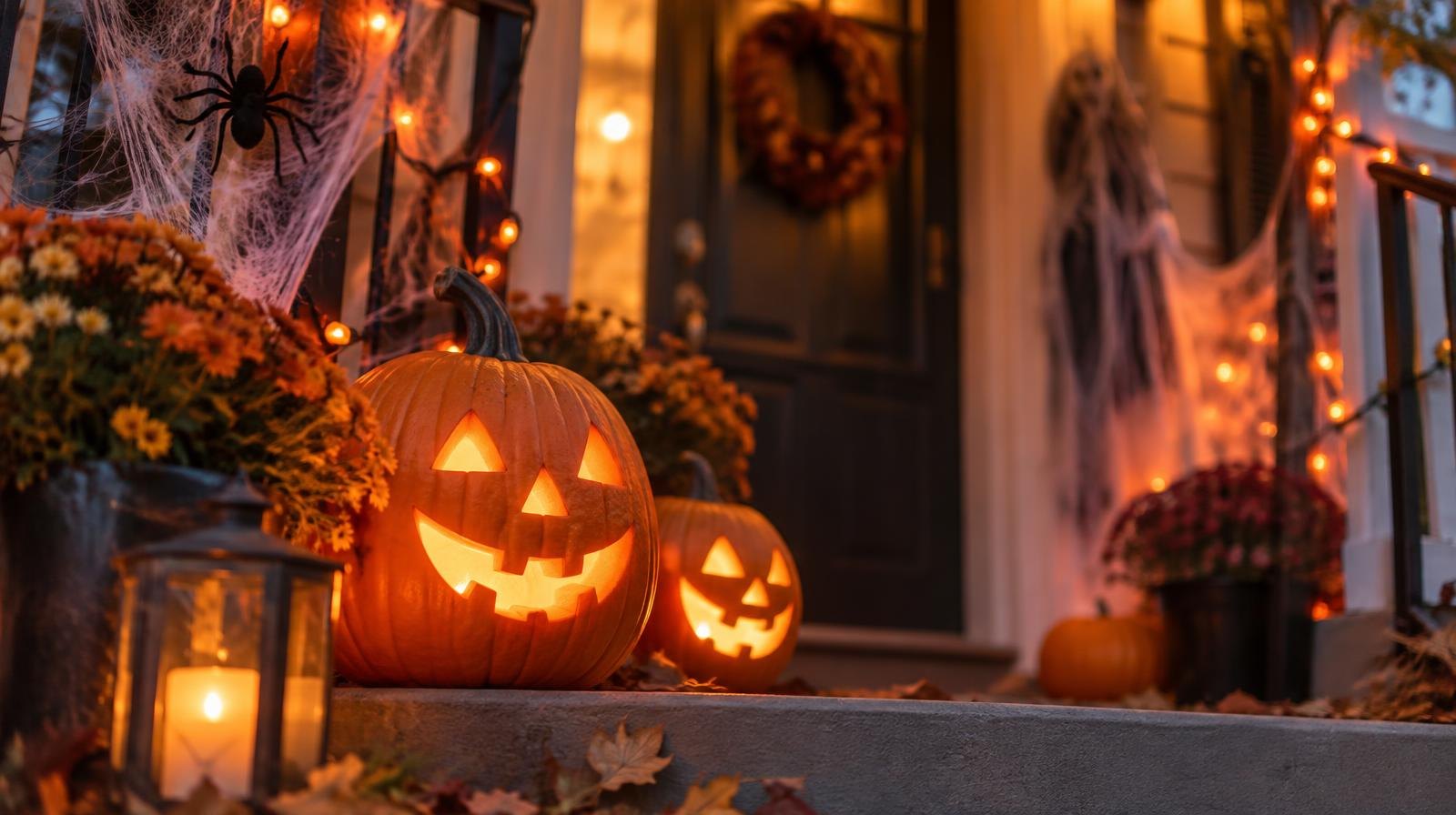 A Halloween-decorated porch with glowing jack-o-lanterns and orange string lights at dusk.