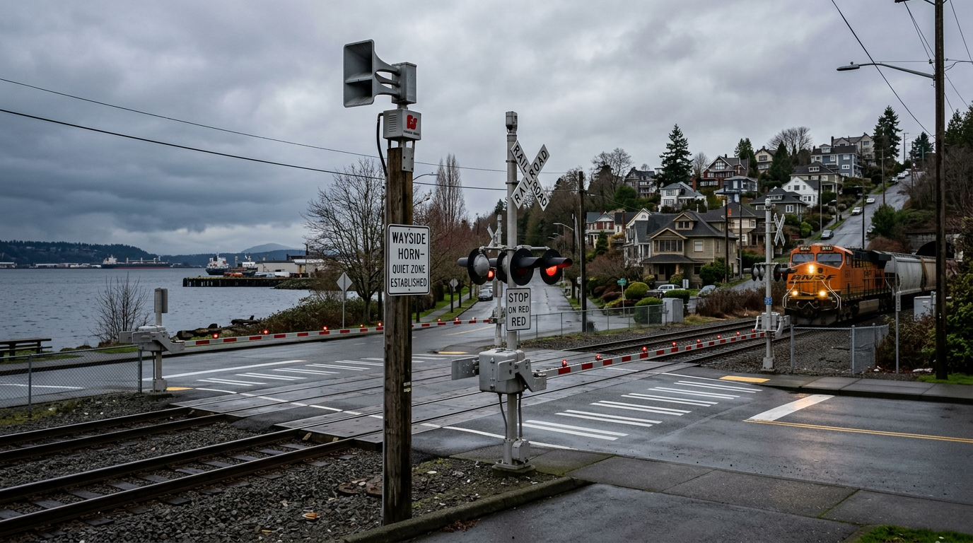 Railroad crossing with mounted horn device, crossing gates, and warning lights near a waterfront neighborhood.