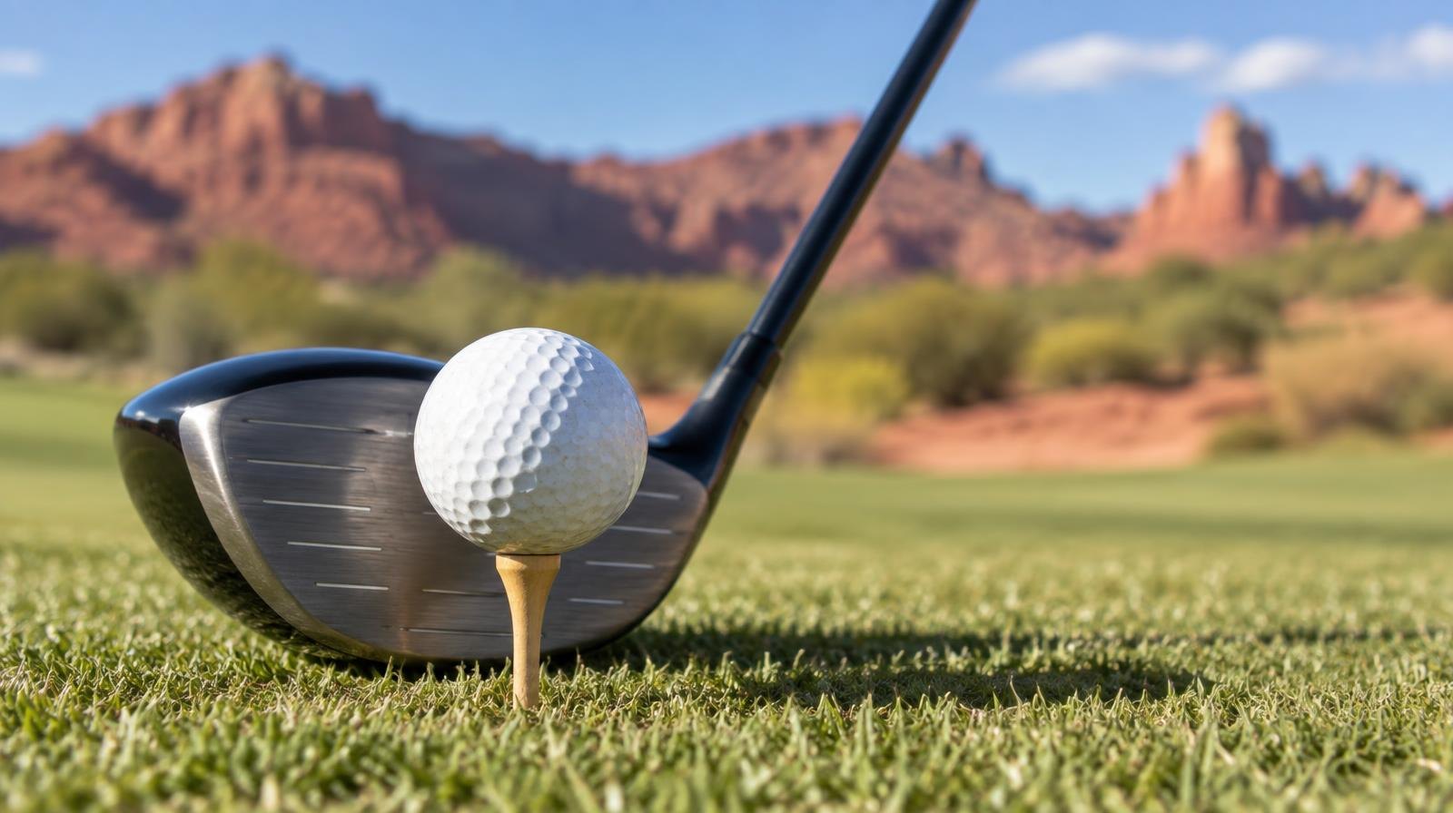 A golf ball on a wooden tee with a driver club head behind it on a fairway.