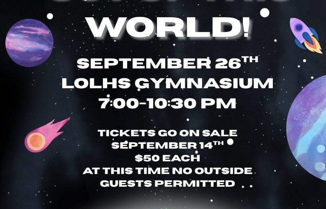 Space-themed homecoming dance flyer with planets and rocket on a dark background.