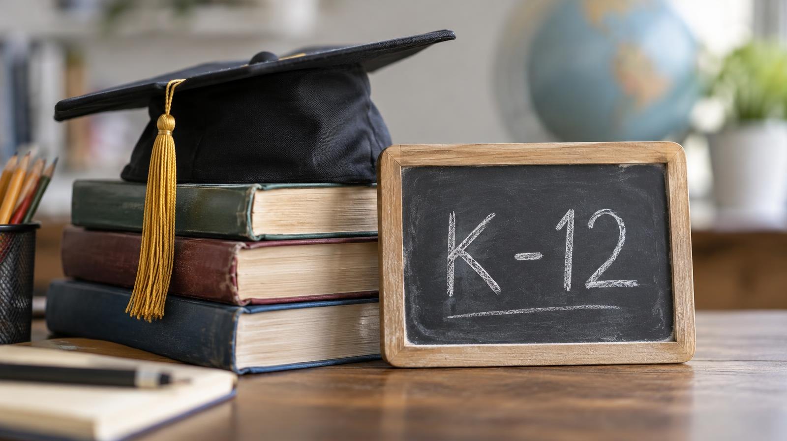A stack of textbooks next to a small chalkboard with a graduation cap resting on top.