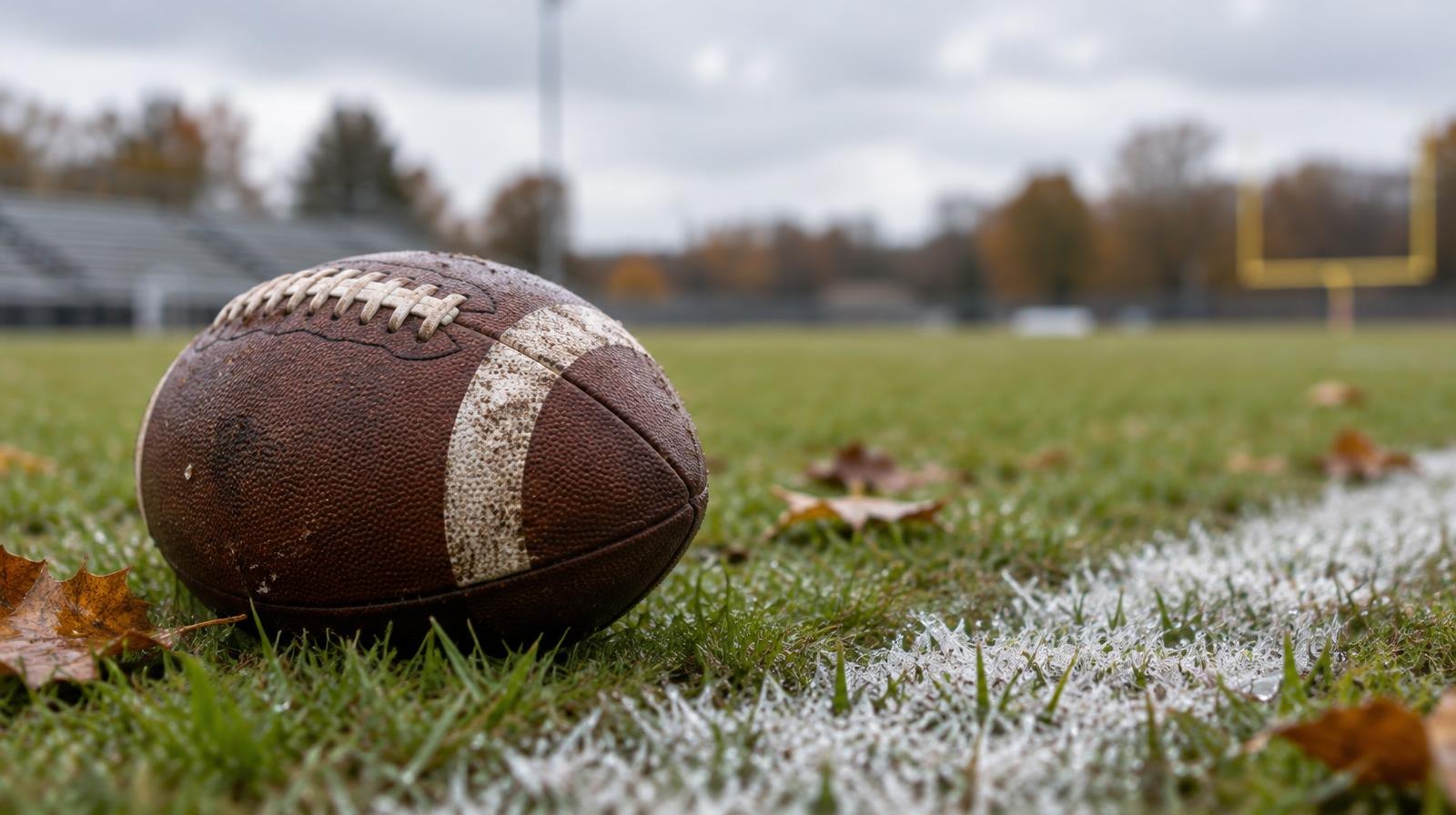 An American football resting on a wet grass field beside a white yard line.