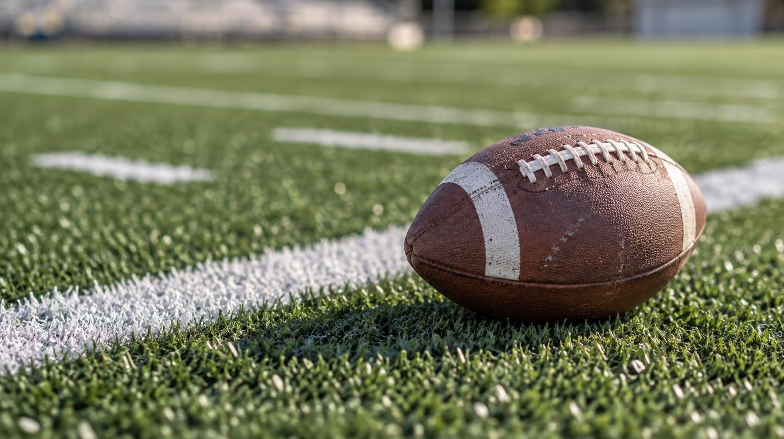 An American football on green artificial turf beside a white yard line.