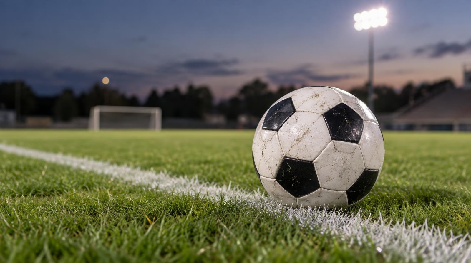 A black-and-white soccer ball on a green grass field near a white sideline.