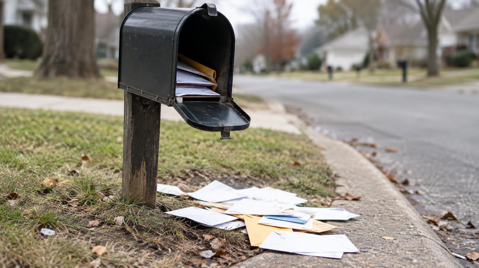 Open curbside mailbox with envelopes scattered on the ground below it.