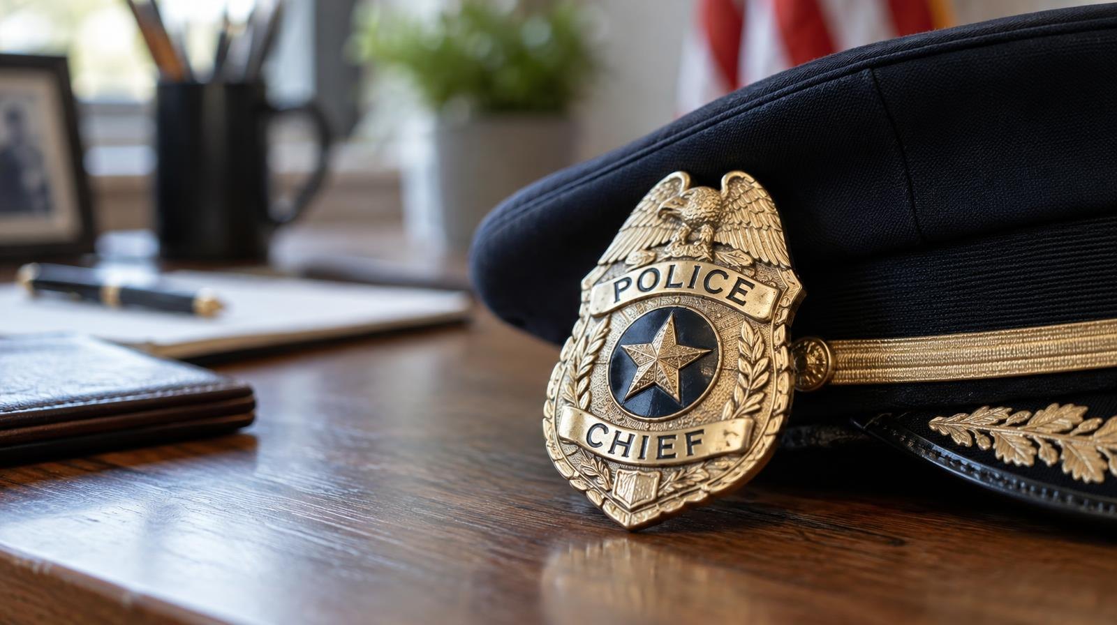 A shiny police badge resting on a wooden desk next to a folded uniform cap.