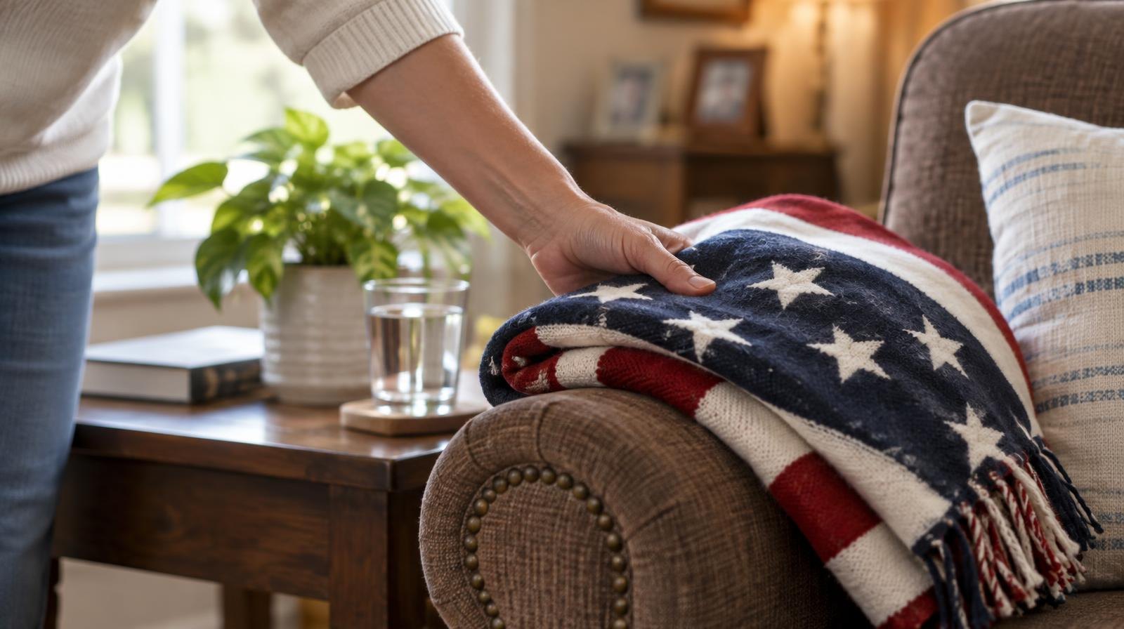 A hand places a folded blanket on the armrest of a home armchair beside a side table.