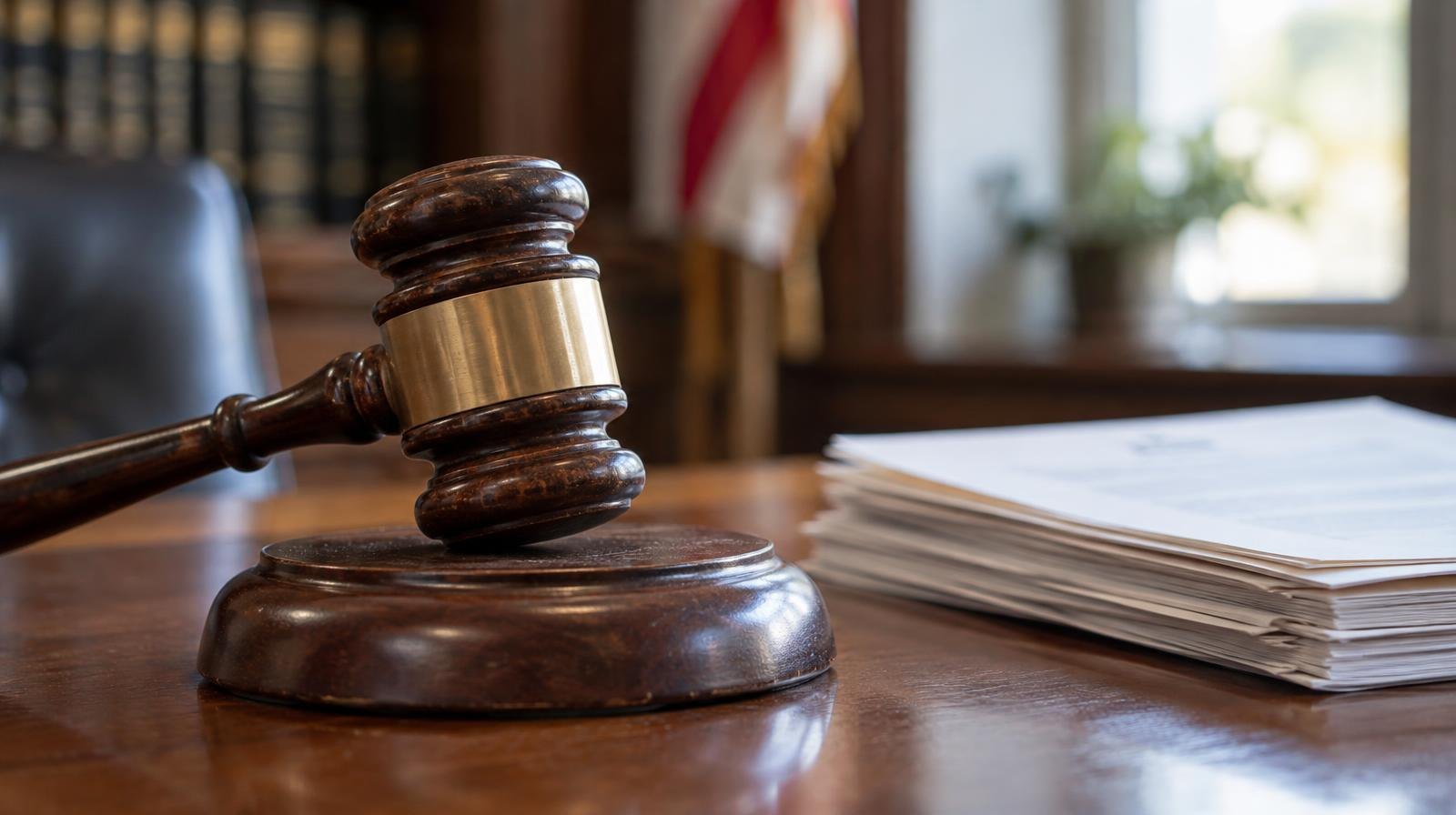 A wooden gavel resting on its sound block on a polished surface.