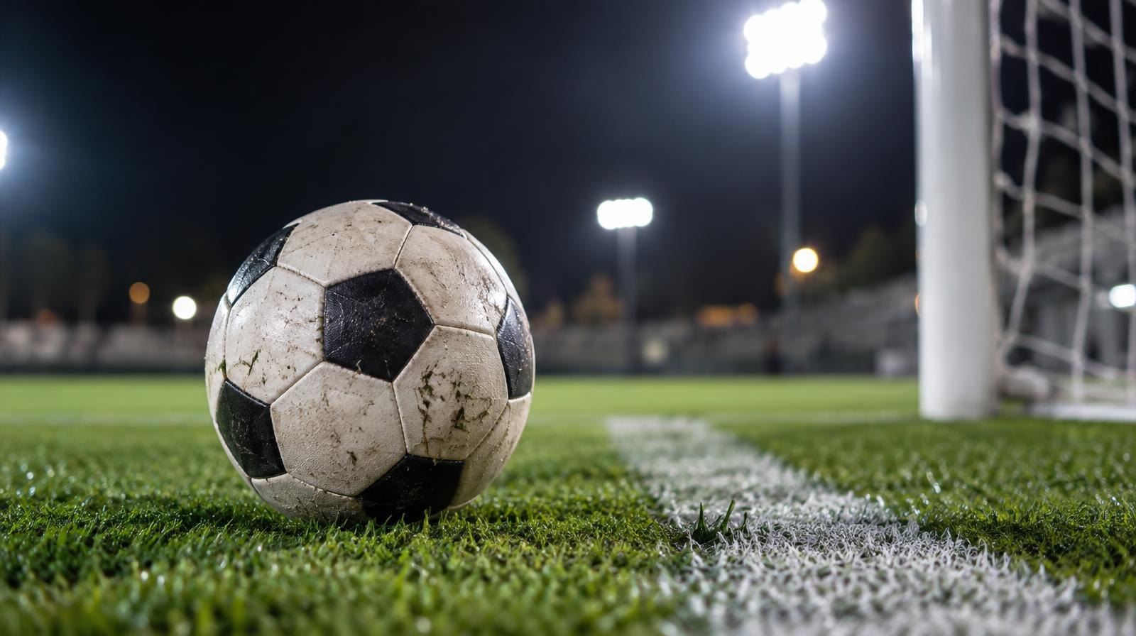 A soccer ball resting on a grass field near the goal line under bright stadium lights at night.