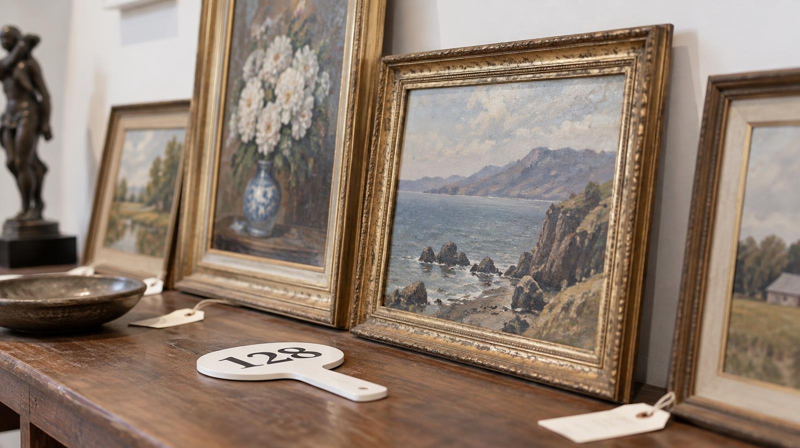 Framed paintings leaning against a white gallery wall with an auction paddle nearby.
