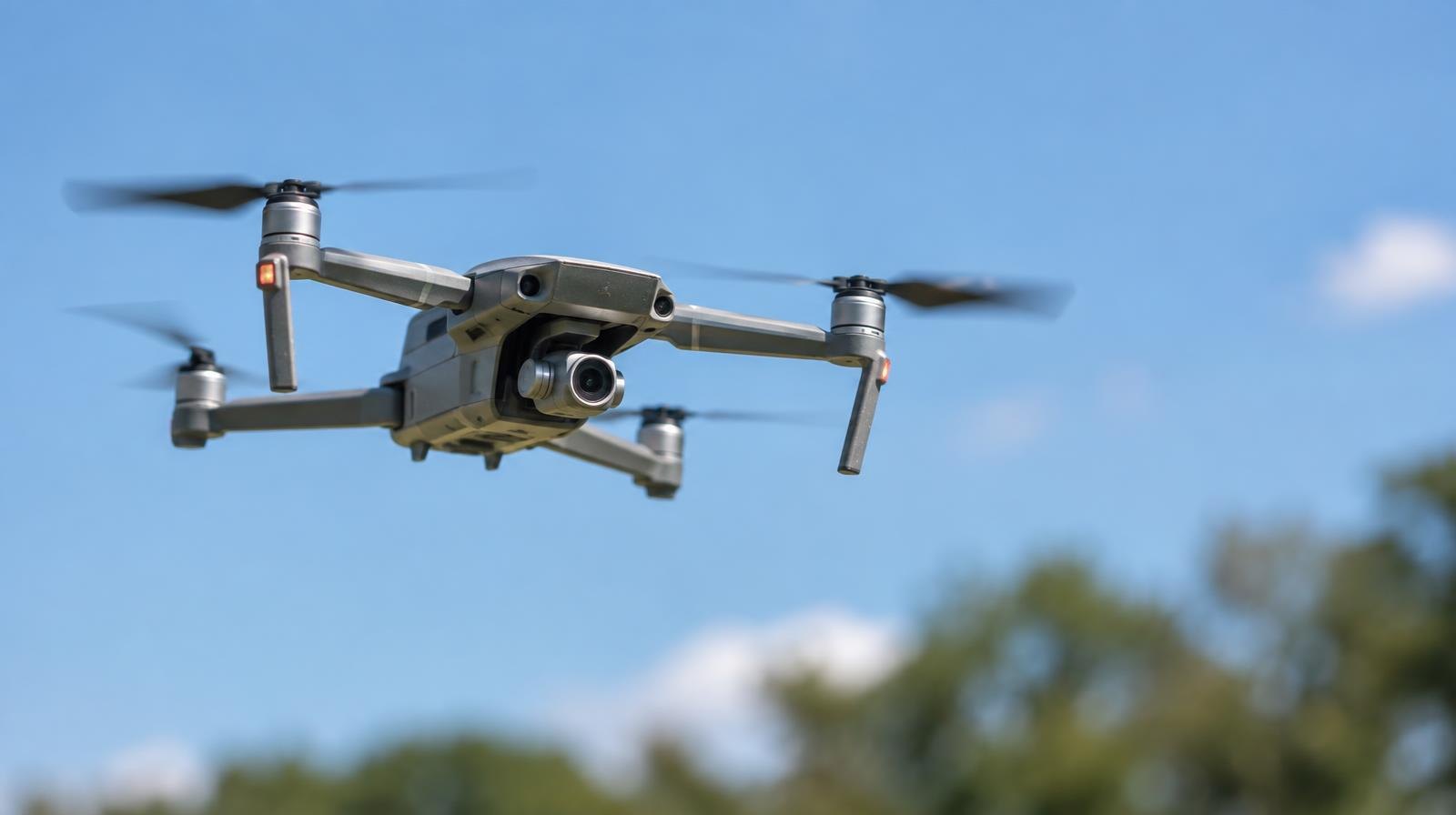 A small quadcopter drone with a camera gimbal hovering against a clear blue sky.