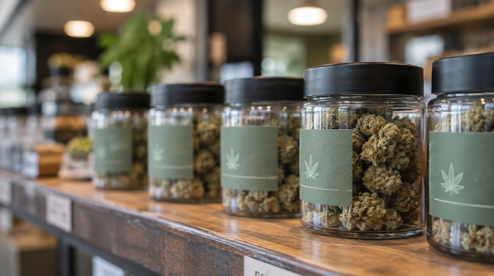 Rows of labeled cannabis product jars on a retail display shelf.