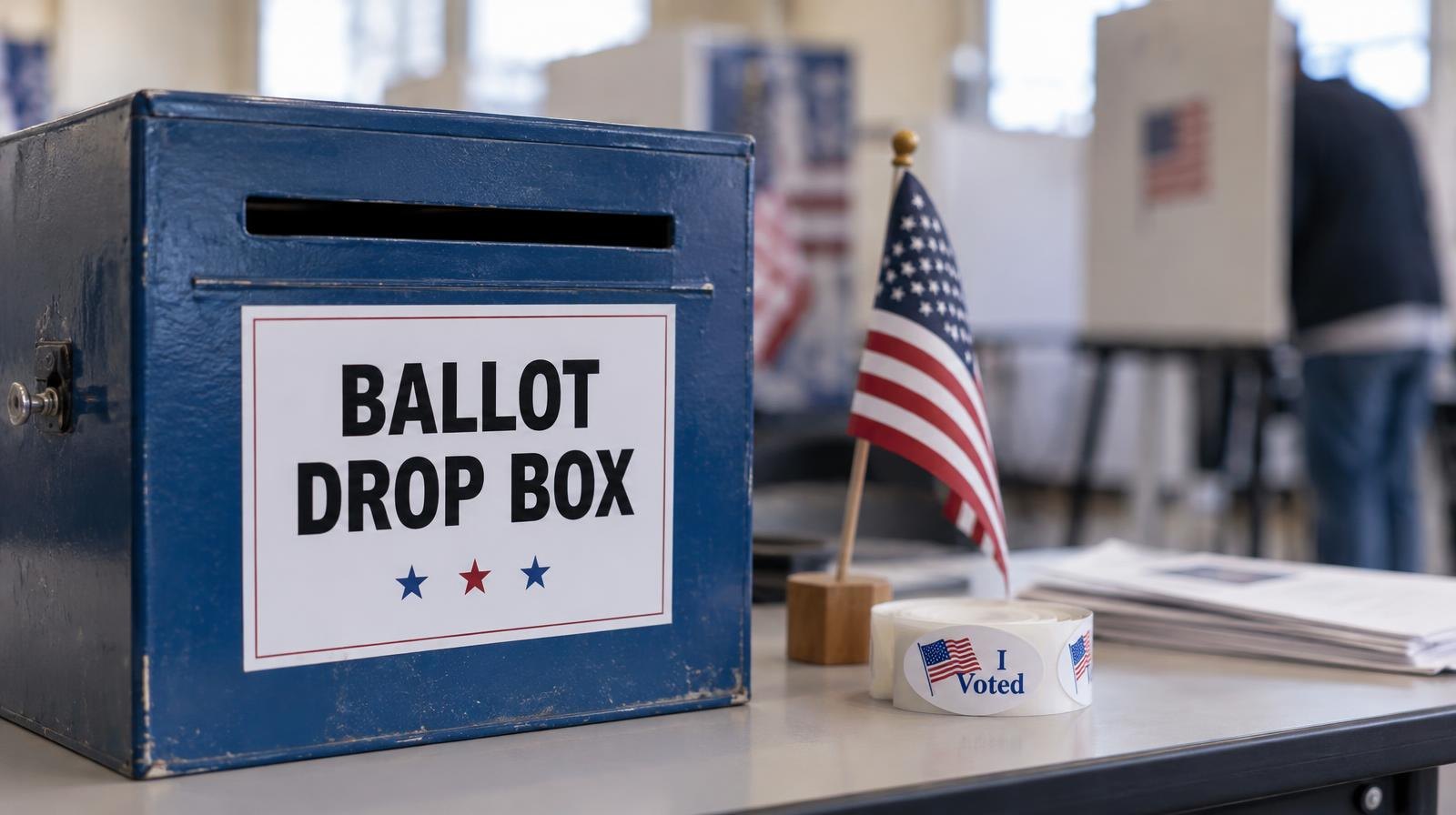 A ballot drop box and small American flag on a table beside an 'I Voted' sticker.