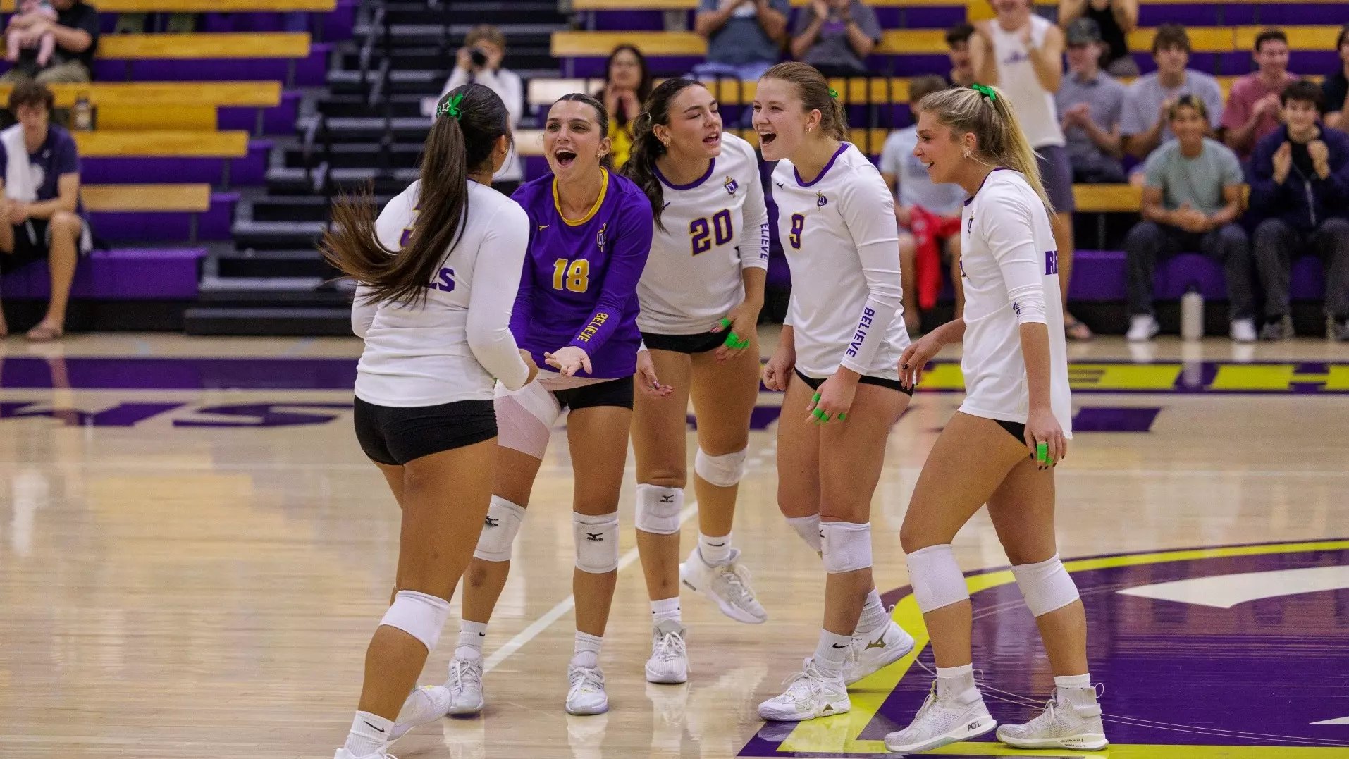 Volleyball players in white and purple uniforms celebrate together on an indoor court.