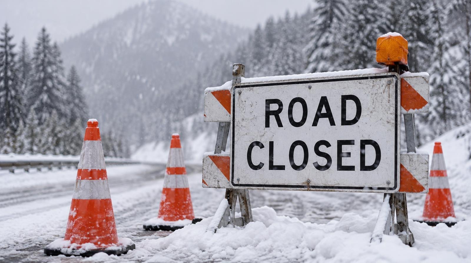 Road closed sign and orange cones blocking a snow-covered mountain road.