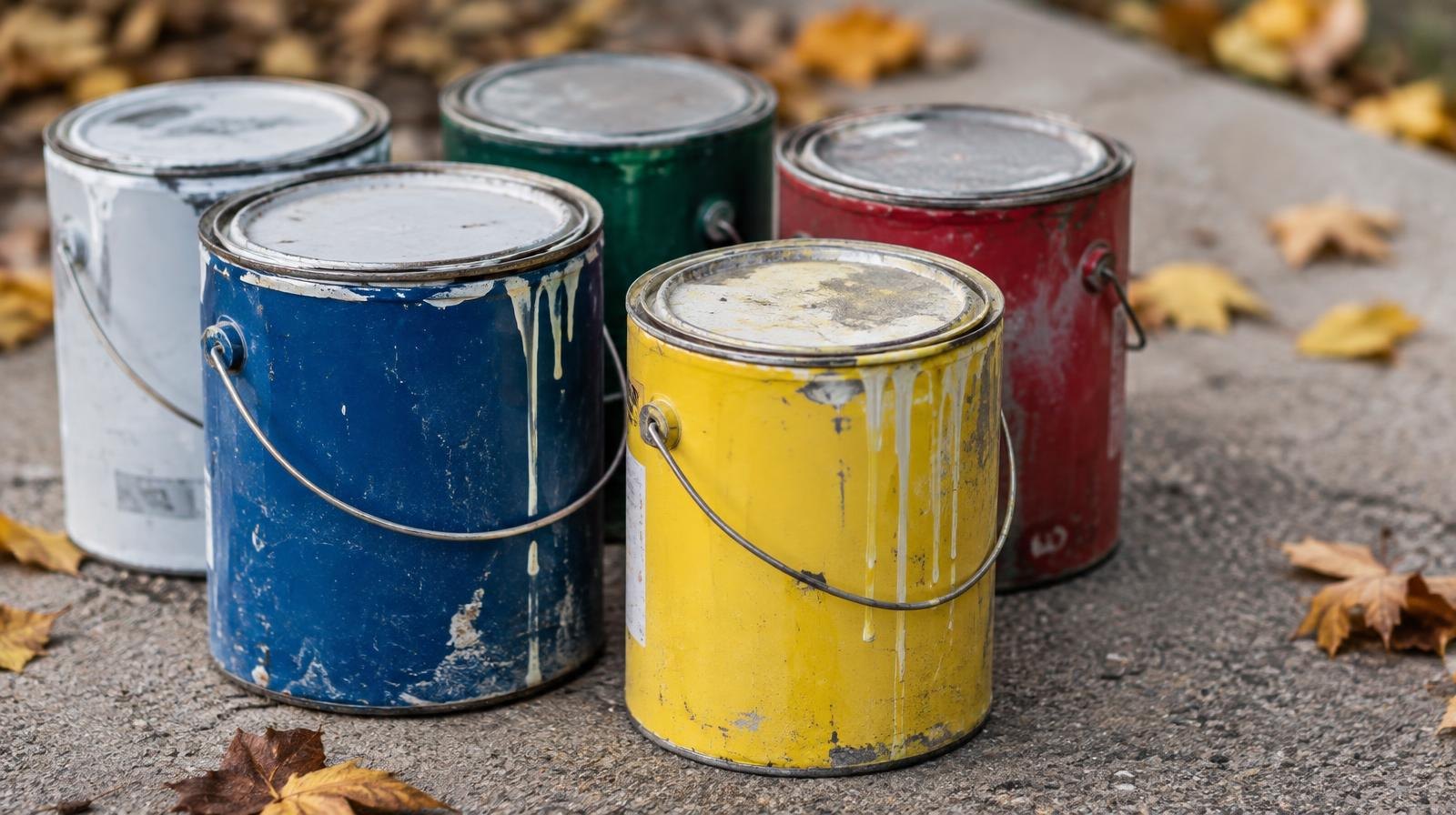 Several colorful paint cans with lids grouped on a concrete surface.