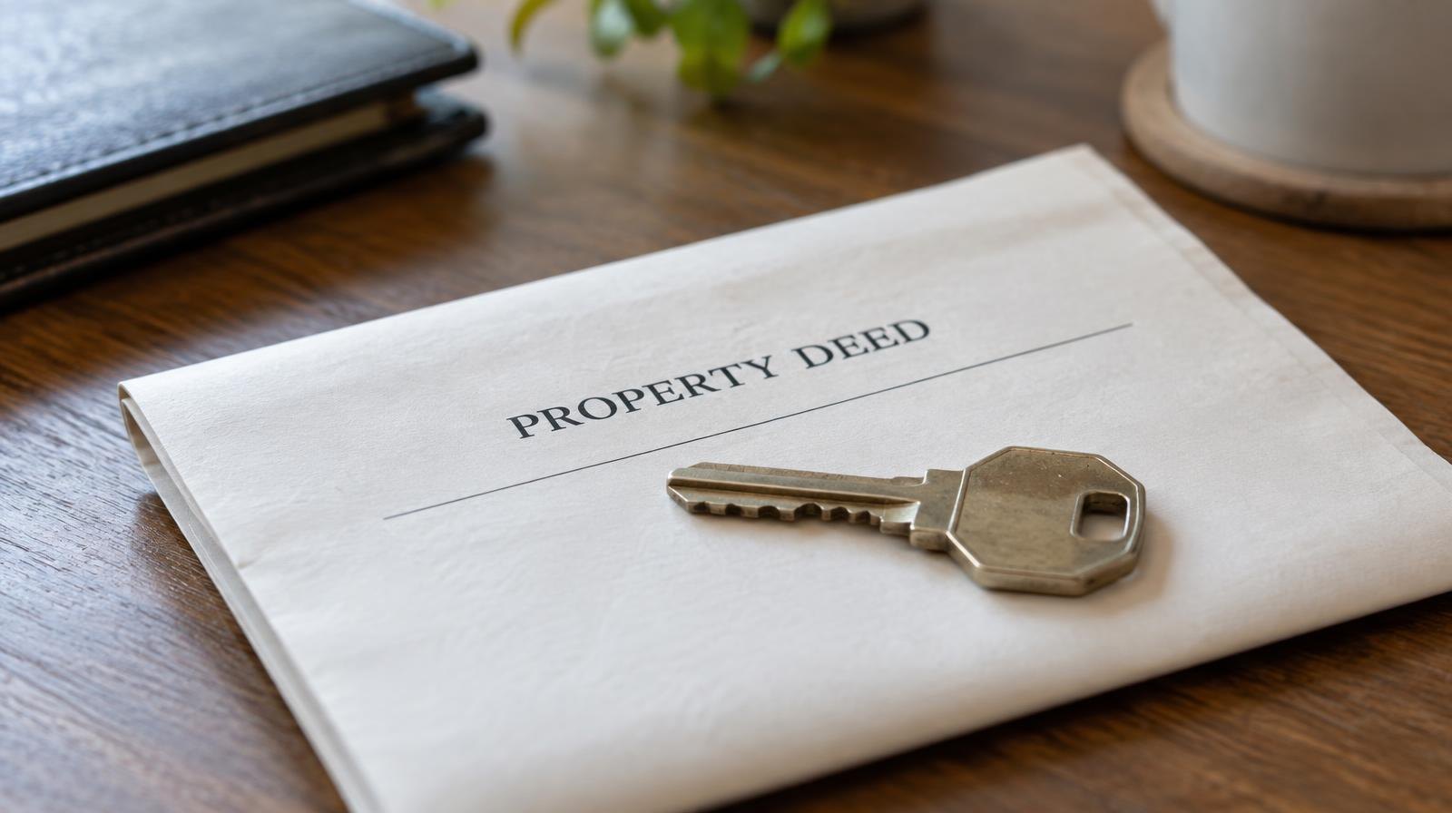 A metal house key resting on a folded paper document on a wooden desk.