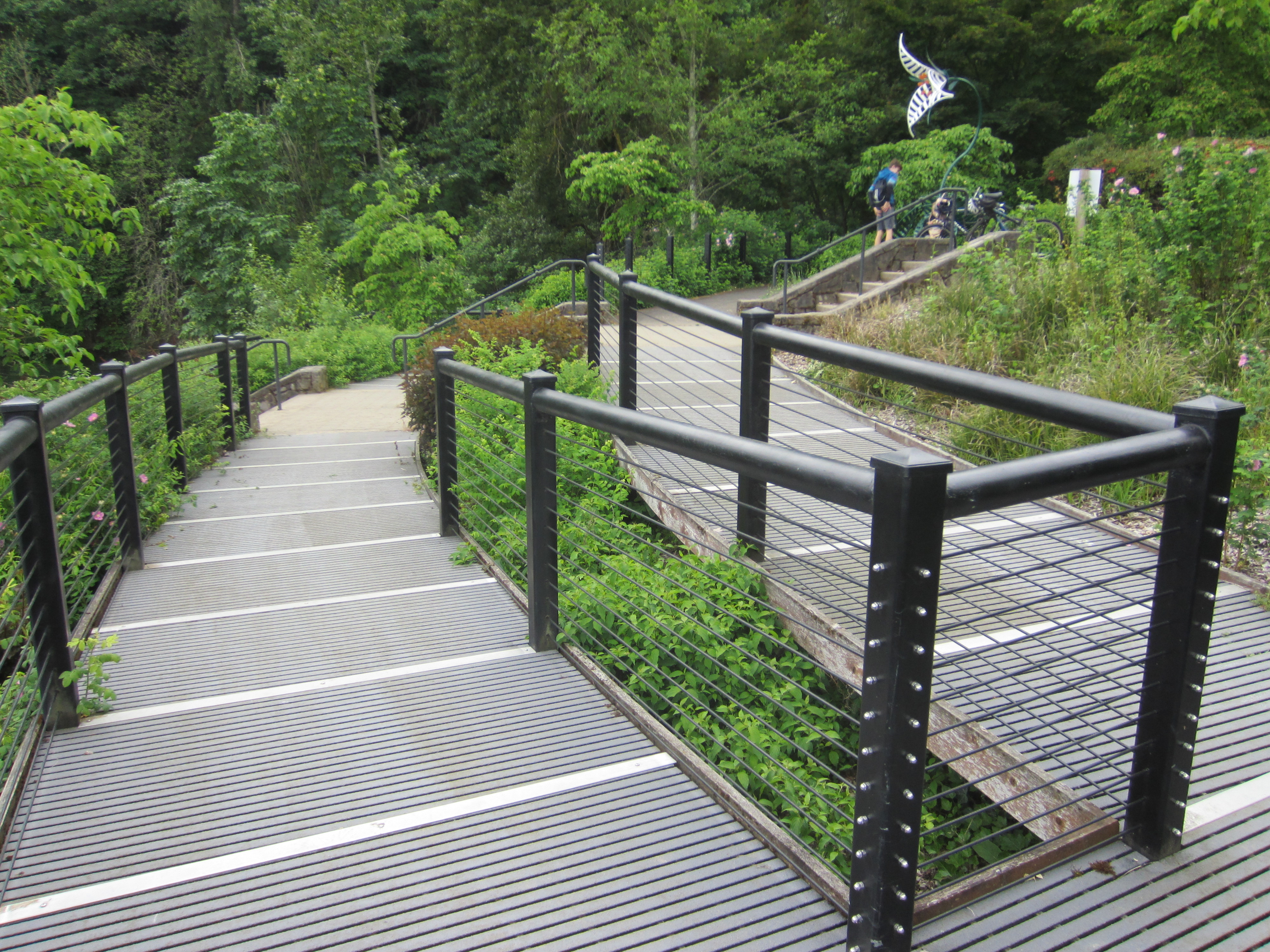 A metal-railed pedestrian walkway leading to stairs surrounded by green trees.