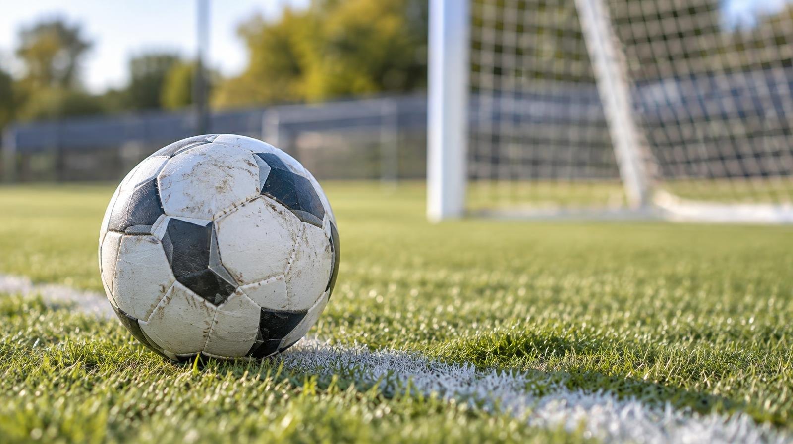 A white soccer ball on a green grass field with a goal net in the background.