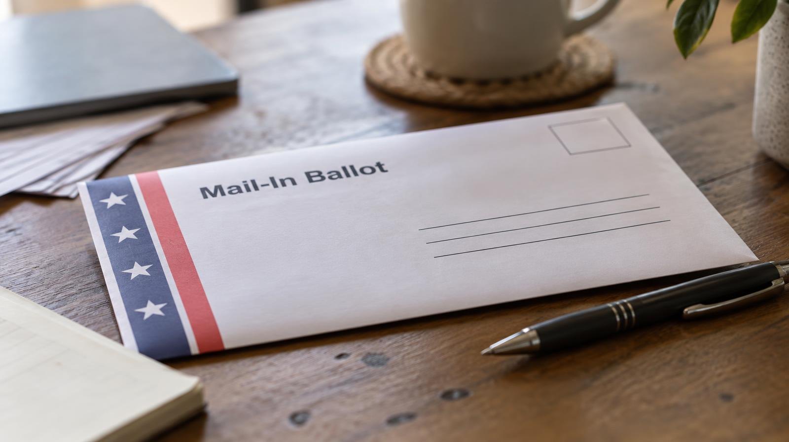 A sealed mail-in ballot envelope resting on a wooden table beside a pen.