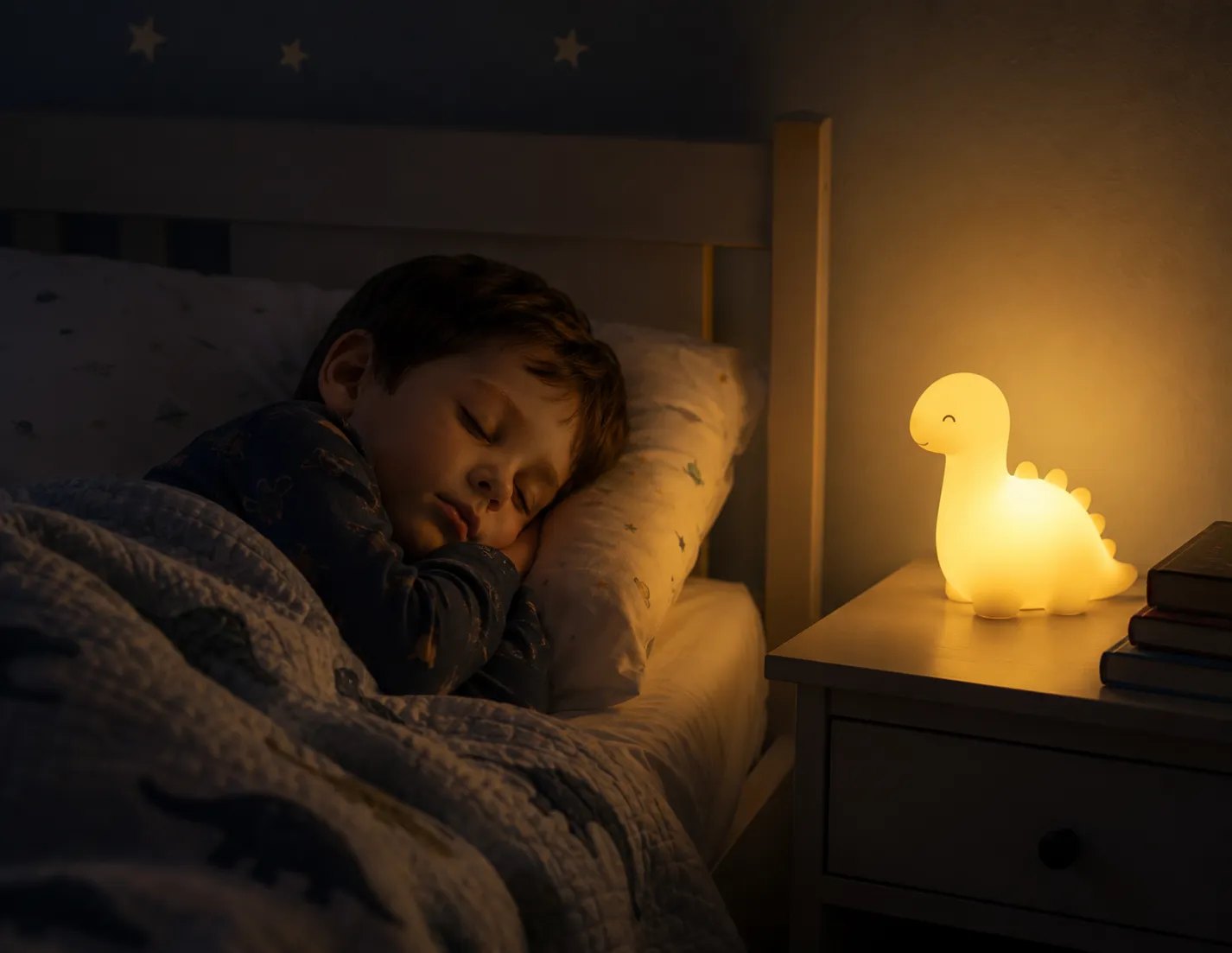 A young child sleeping in a bed next to a glowing dinosaur-shaped nightlight.