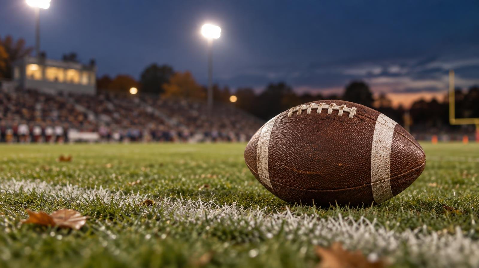 An American football resting on a grass field beside a white yard line at night.