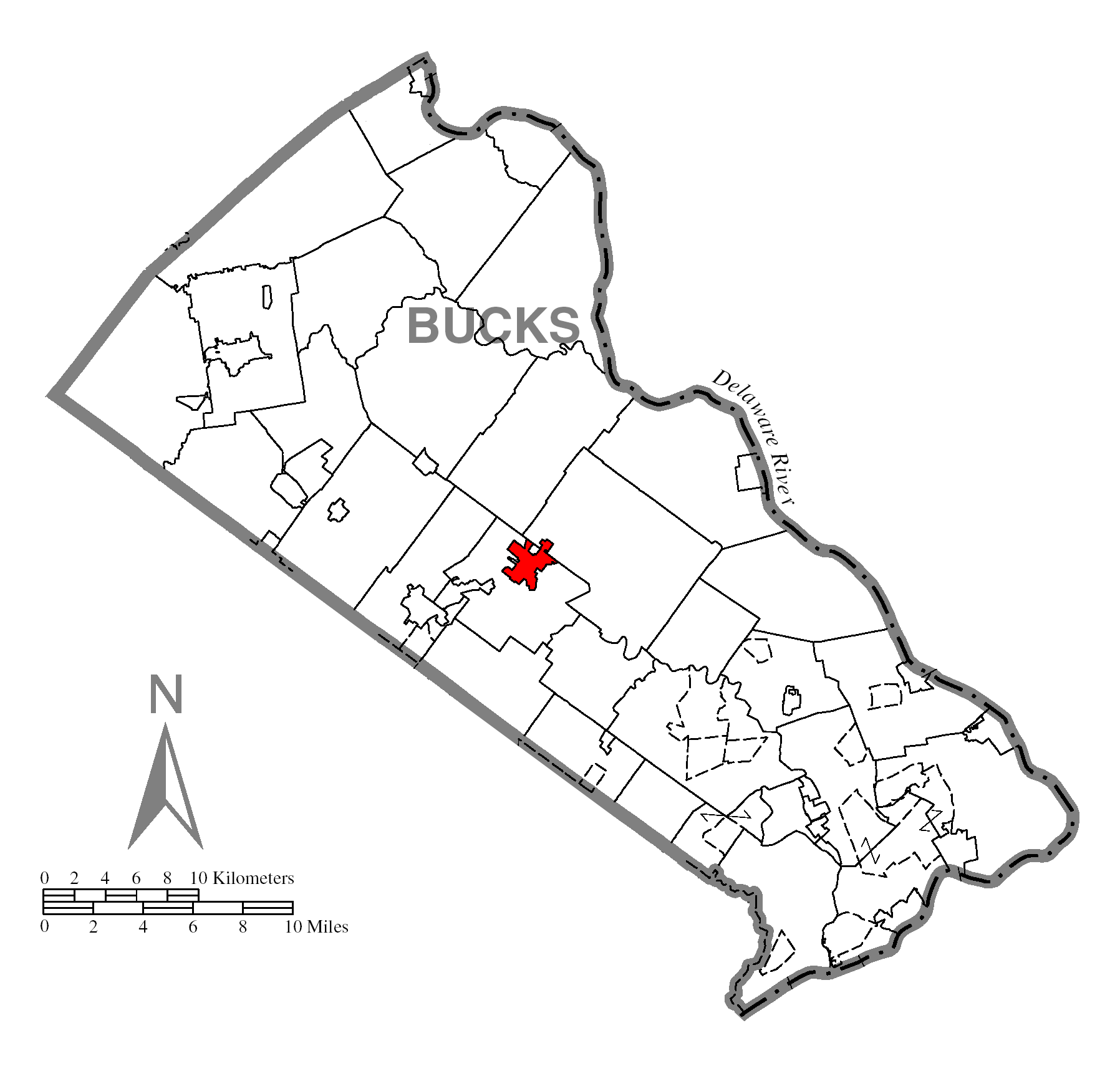 Map of Bucks County, Pennsylvania with a red star marking Doylestown.