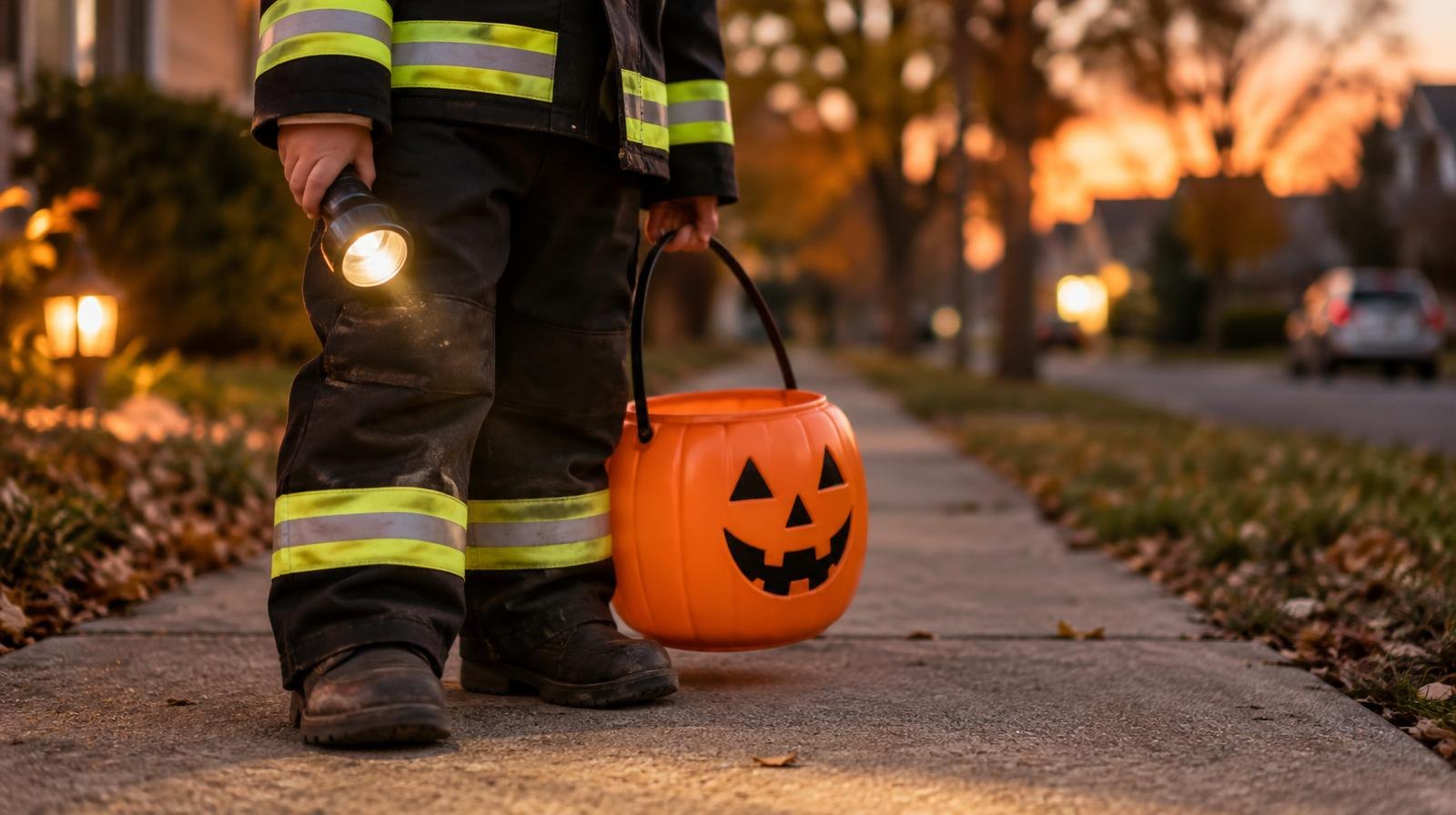 A lit flashlight and candy bucket with reflective tape on a sidewalk at dusk.