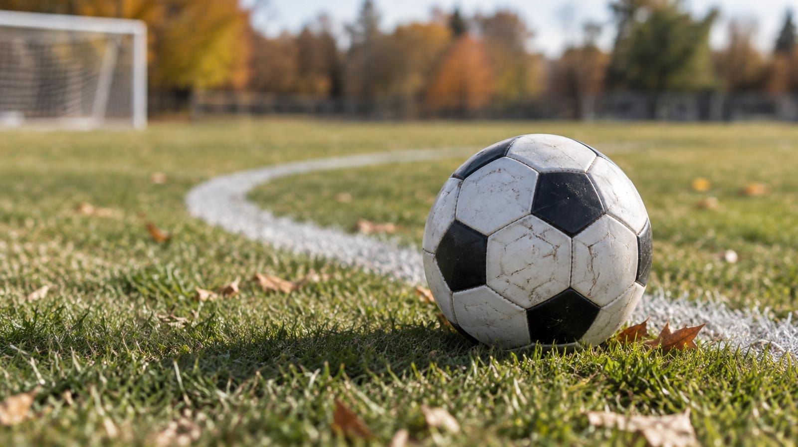 A black-and-white soccer ball resting on a green grass field near a white painted arc.