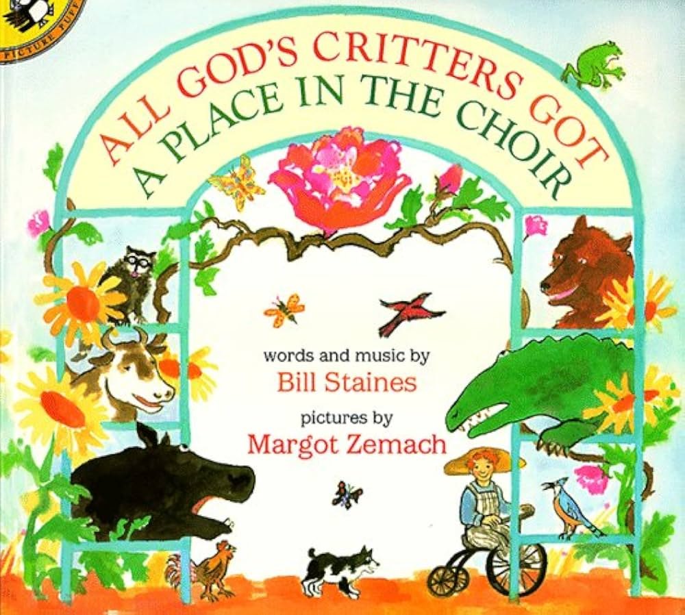 Colorful illustrated book cover showing various animals gathered around a garden arch.