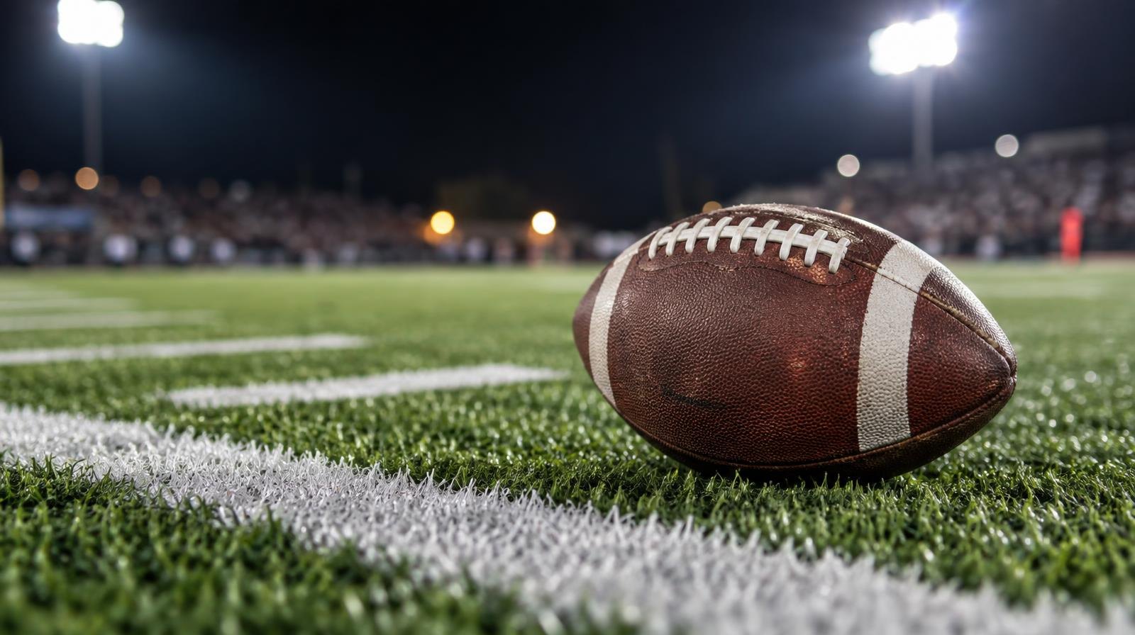 An American football resting on green artificial turf beside a white yard line.