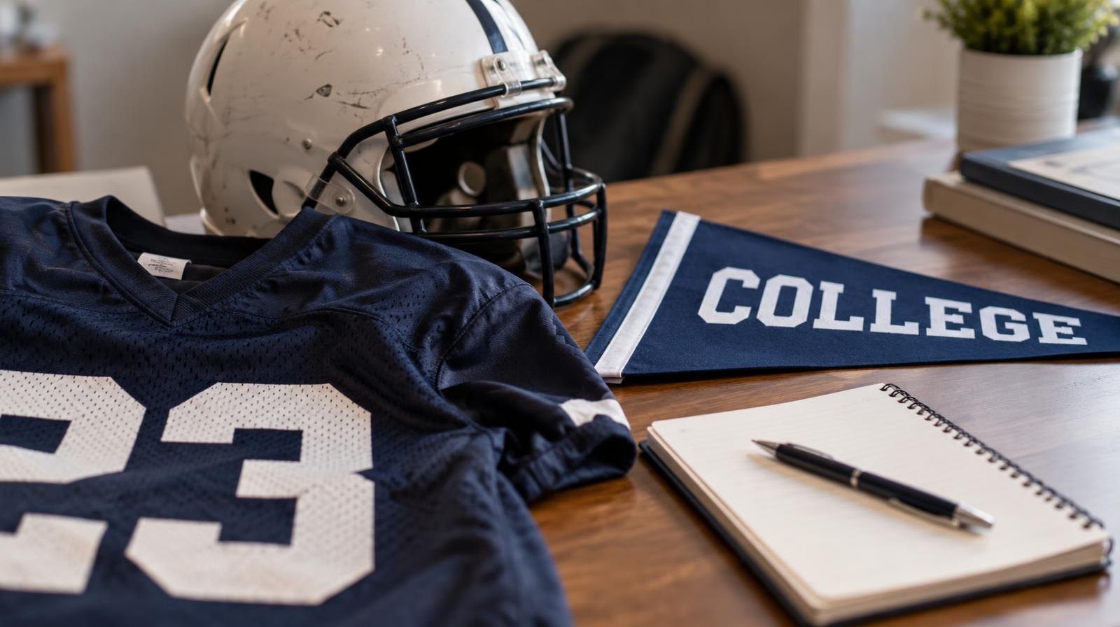 A football helmet, jersey, college pennant, and notepad arranged on a table.