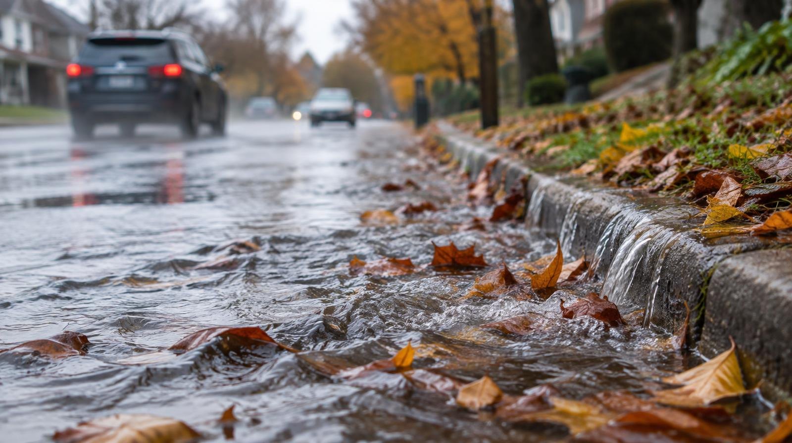 Water rushing over a flooded suburban street and pooling at the curb on an overcast day.