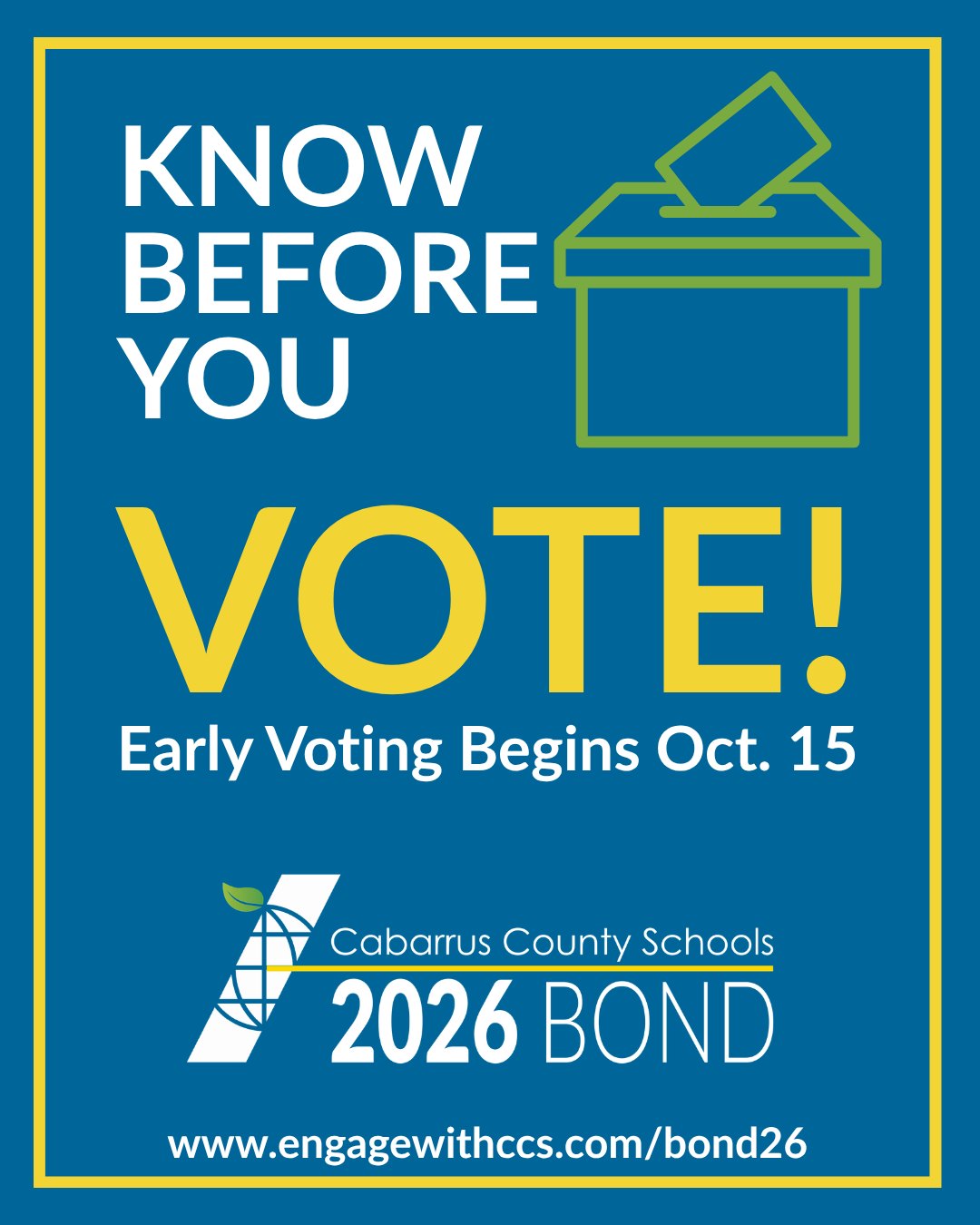 Colorful flyer reading 'Know Before You Vote! Early Voting Begins Oct. 15' with a ballot box graphic.