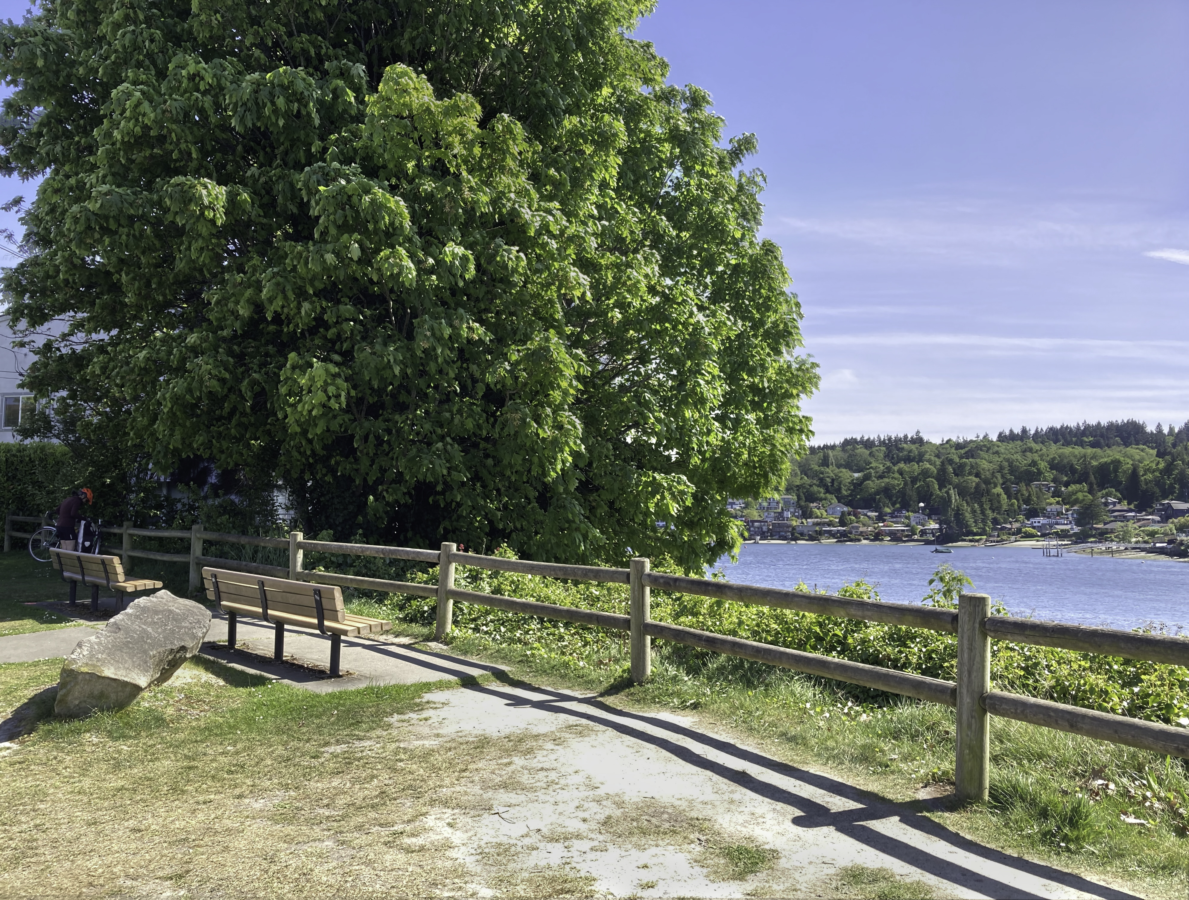 A paved park path with benches and a wooden fence overlooking a bay with boats and a tree-lined hillside.