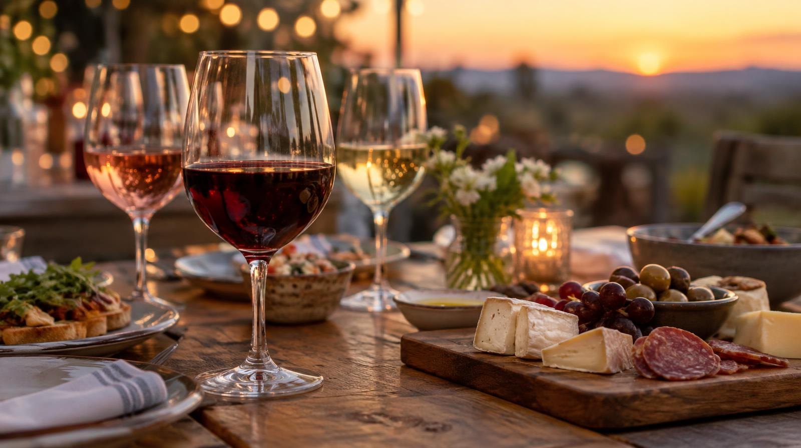 Wine glasses with red, white, and rosé wine beside small food plates on a wooden table.