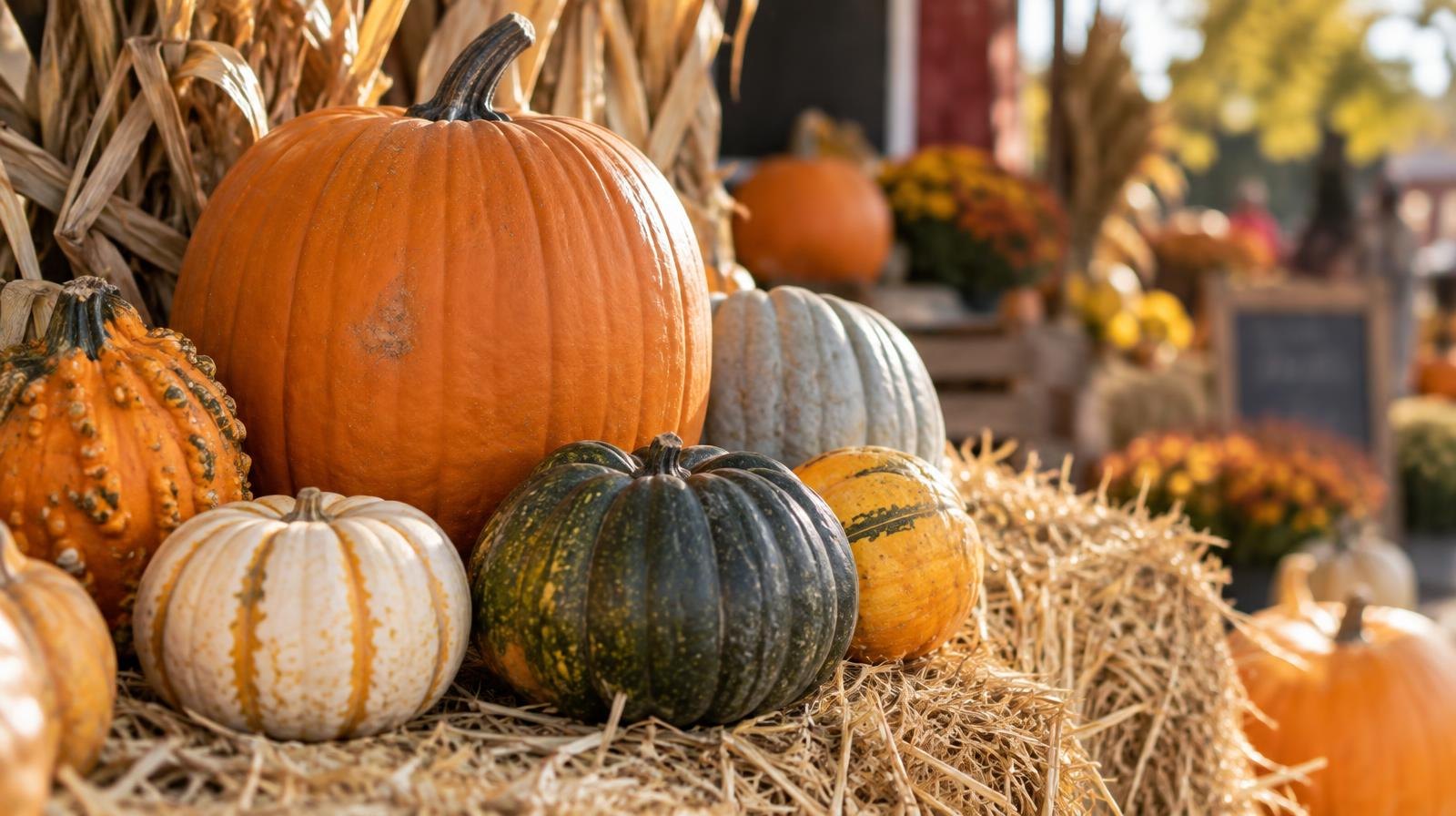 Assorted orange and yellow pumpkins and gourds stacked on hay bales in warm sunlight.