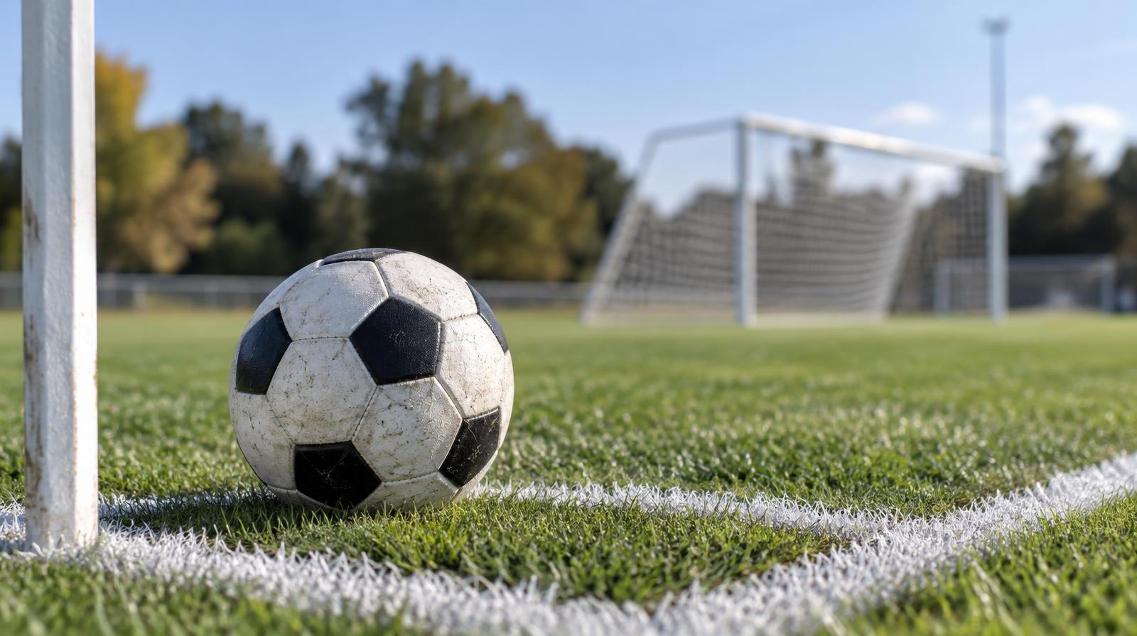 A black-and-white soccer ball on green grass near a corner arc with a goal net behind it.