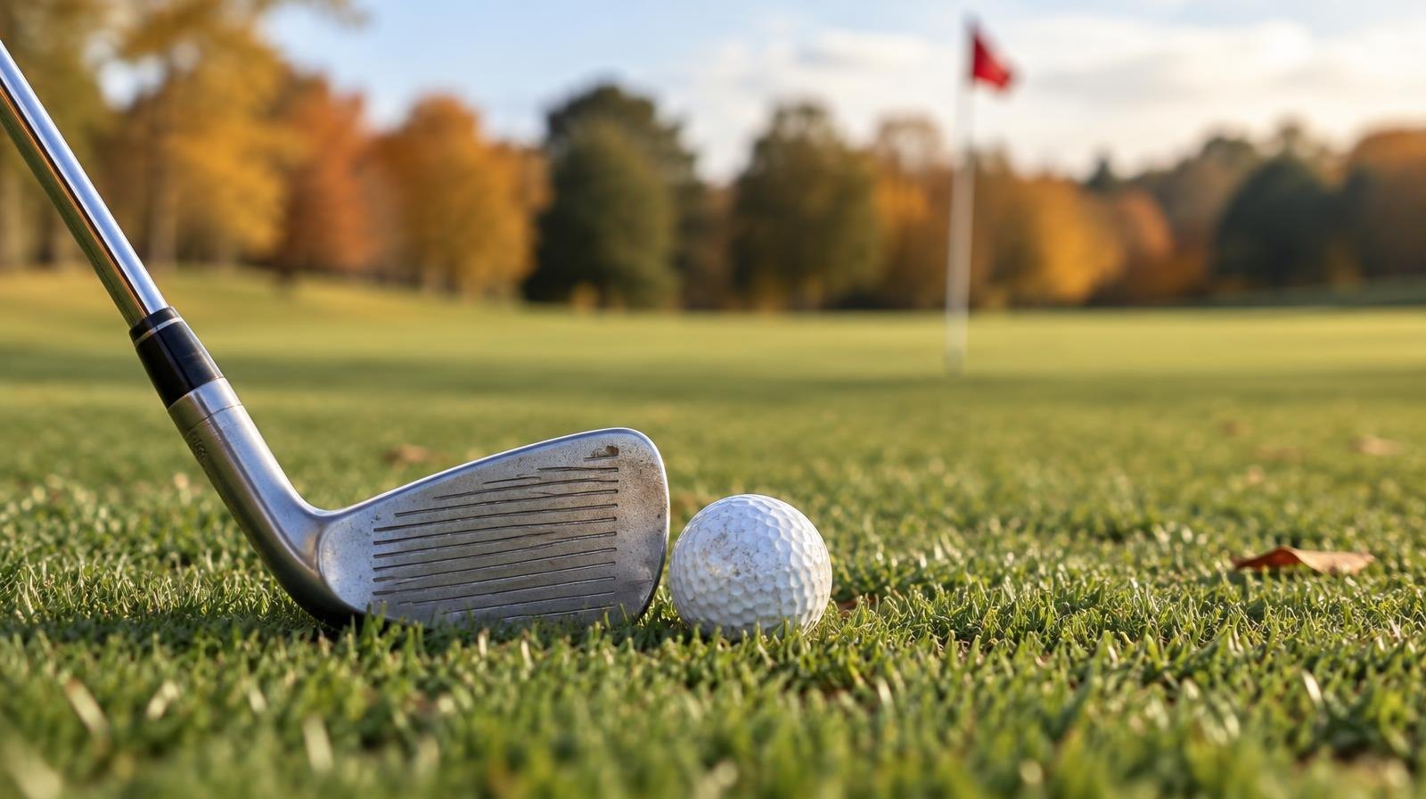 A golf club iron and ball on a green fairway with a distant flagstick.