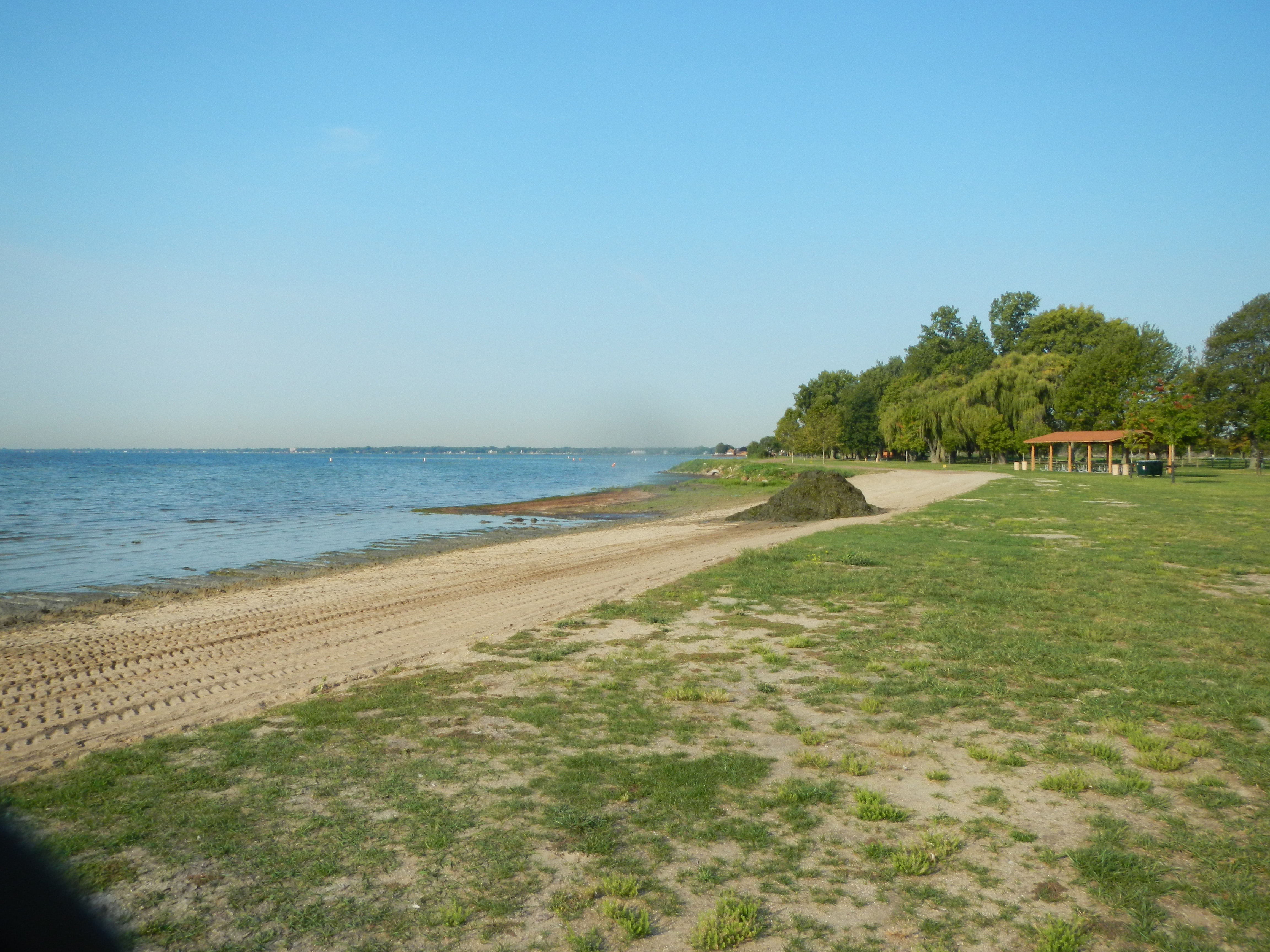 Sandy beach shoreline along calm lake water under a clear blue sky.