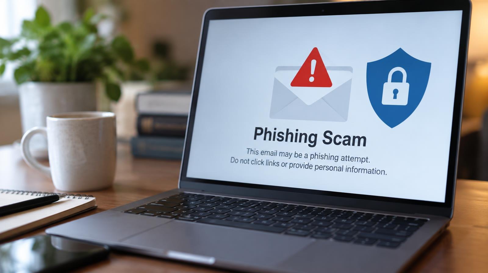 Laptop computer on a desk showing a phishing warning alert with a padlock icon.