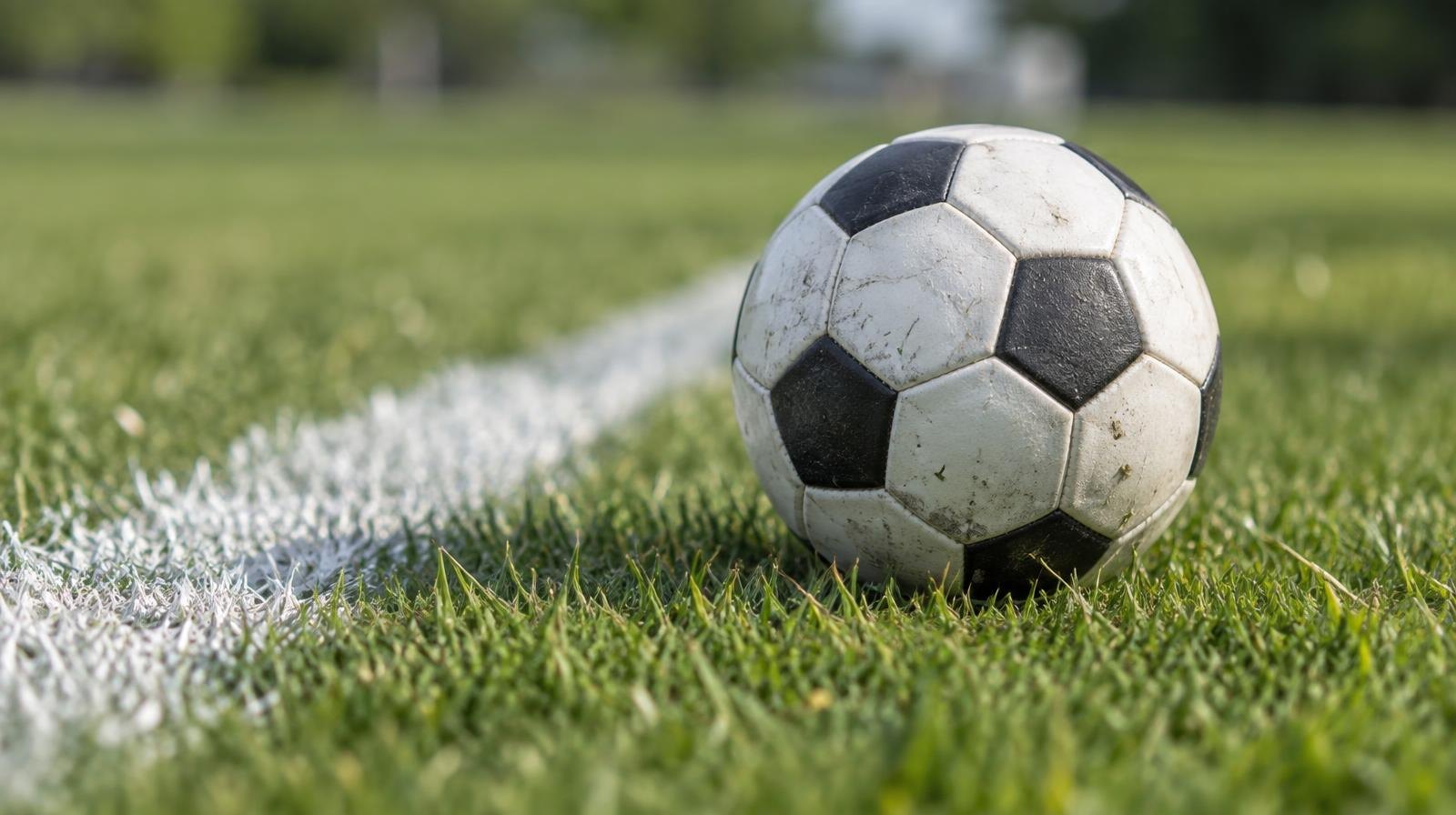 A black-and-white soccer ball resting on green grass near a white painted sideline.