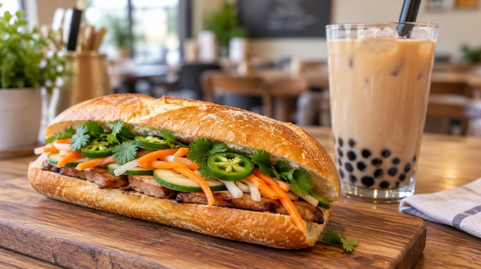 A baguette sandwich with pickled vegetables beside a glass of bubble tea on a wooden board.