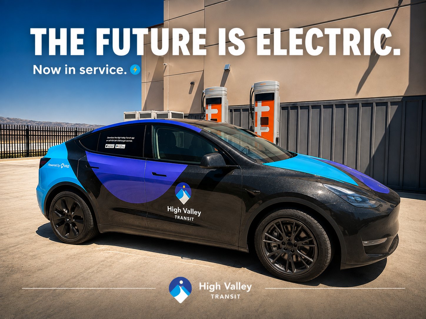 Branded electric SUV parked at EV charging stations with promotional text overlay.