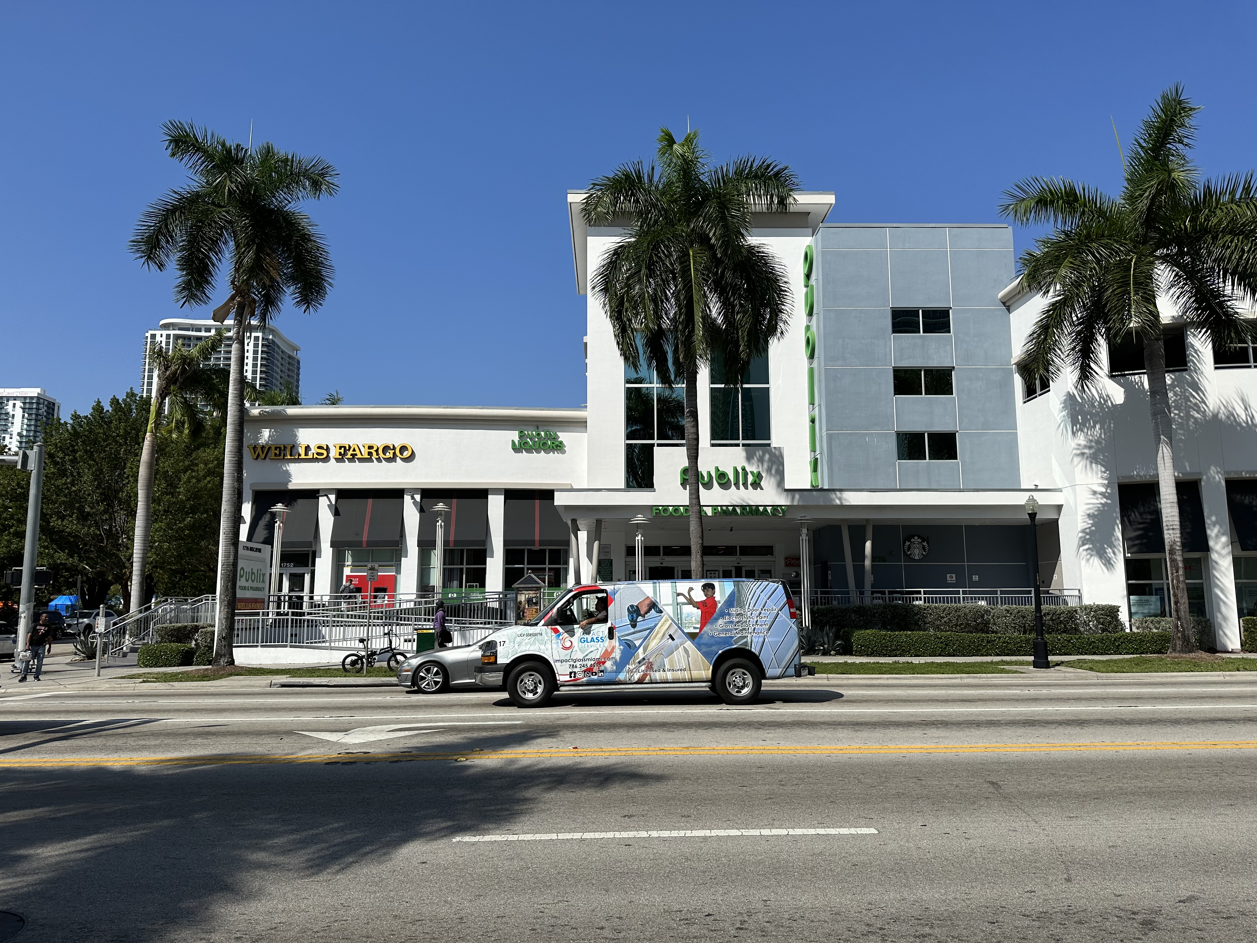 Publix supermarket storefront with palm trees and a colorful van outside.