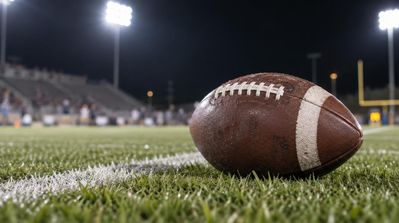 An American football resting on green grass near a white yard line under bright stadium lights.