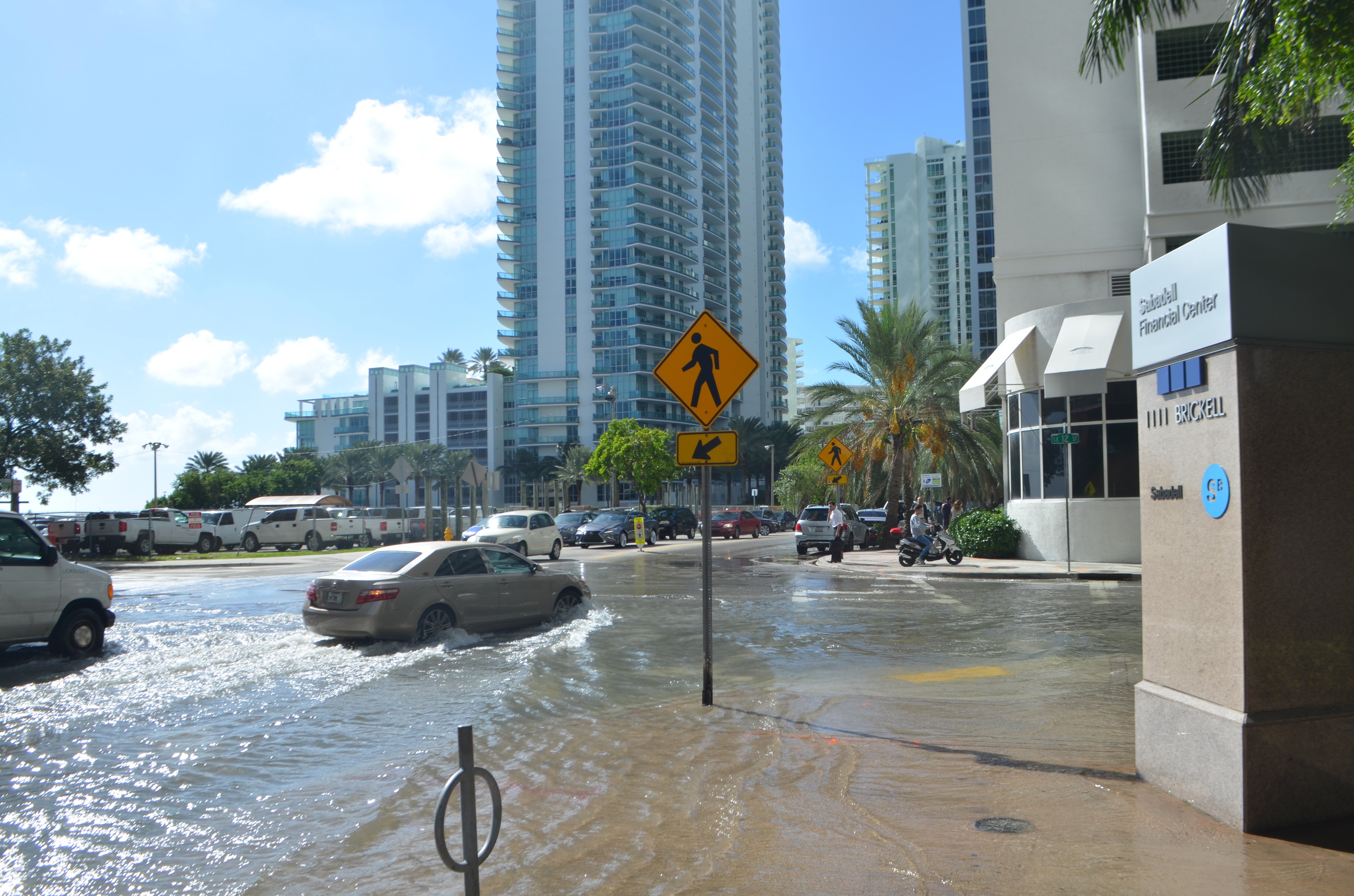 Cars drive through flooded streets on a sunny day with palm trees and high-rise buildings in the background.