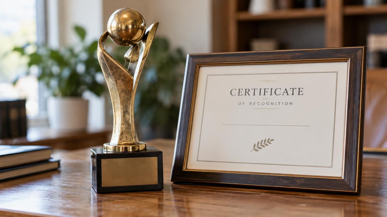 A shiny trophy and framed certificate resting on a wooden table.